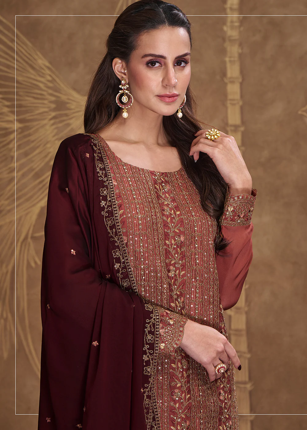 Dreamy Red Embroidered Art Silk Festive Pant Style Suit - Image 2