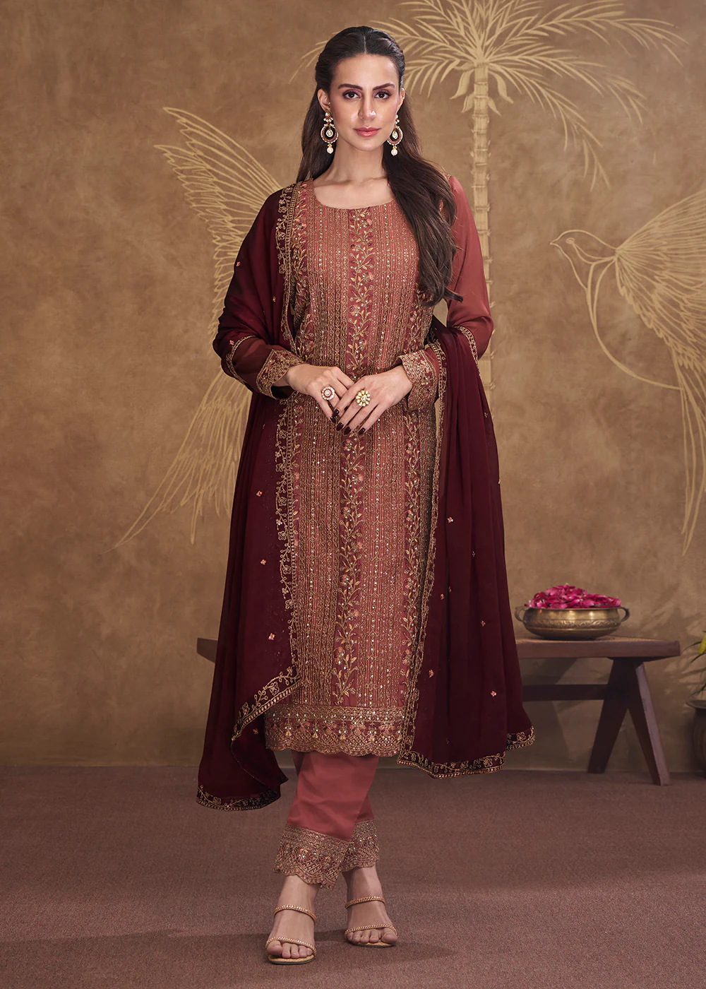 Dreamy Red Embroidered Art Silk Festive Pant Style Suit - Image 3