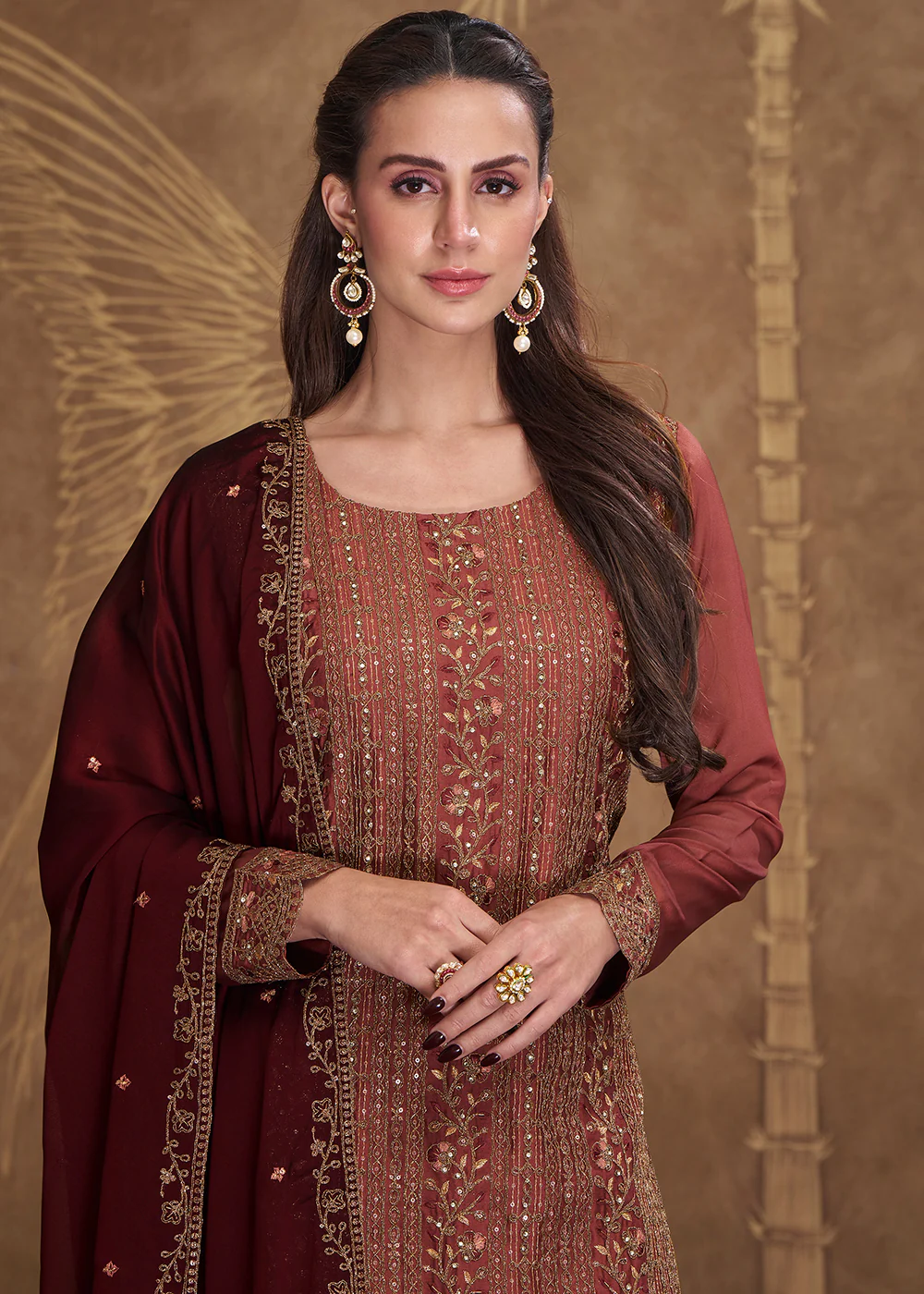 Dreamy Red Embroidered Art Silk Festive Pant Style Suit - Image 4