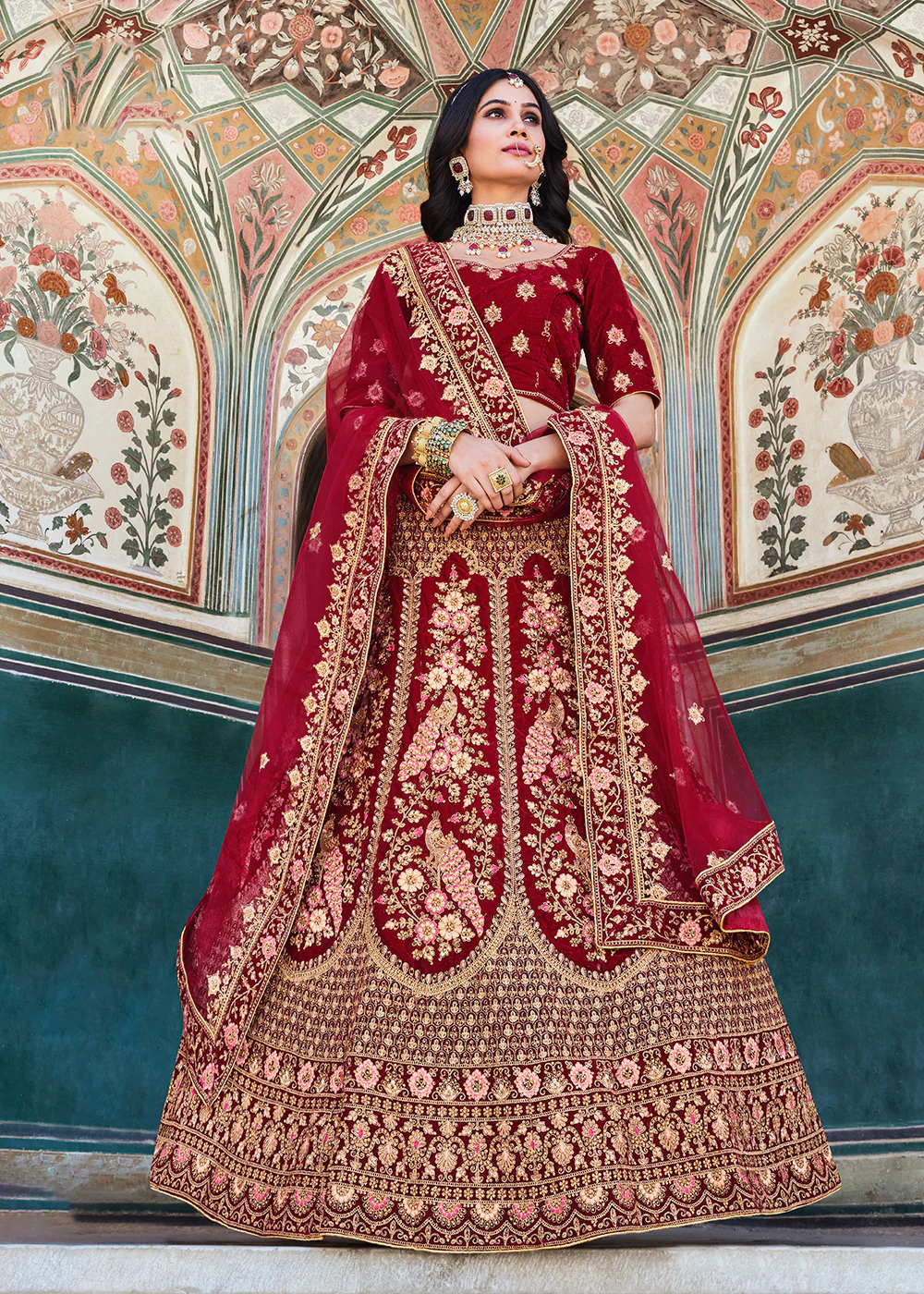 Dreamy Red Velvet Dori & Zarkan Work Bridal Lehenga Choli