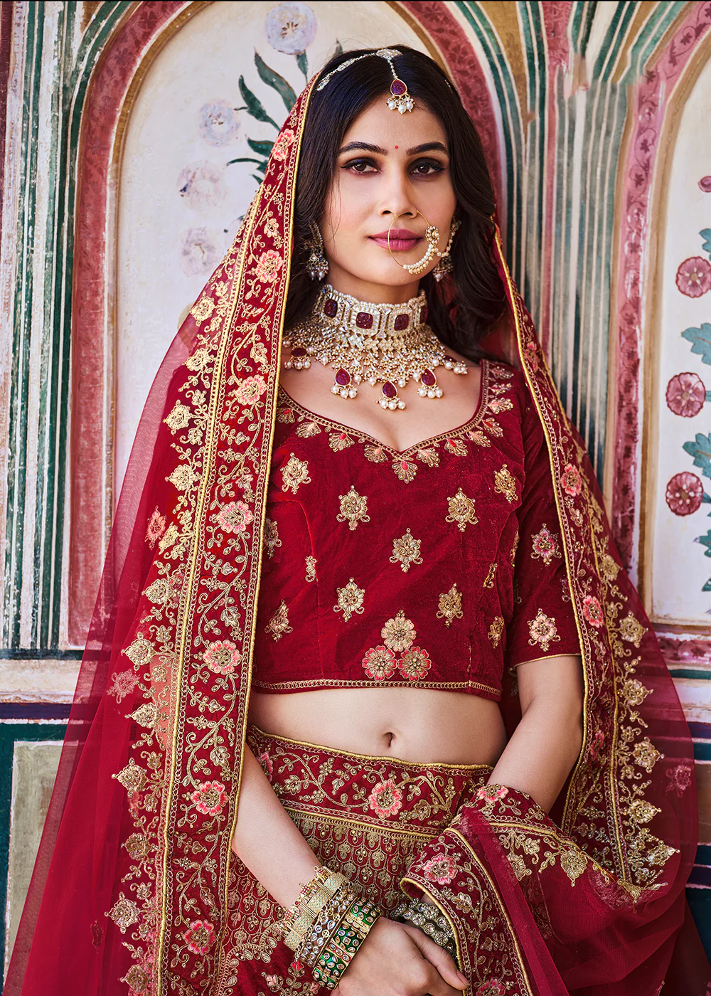 Dreamy Red Velvet Dori & Zarkan Work Bridal Lehenga Choli - Image 2