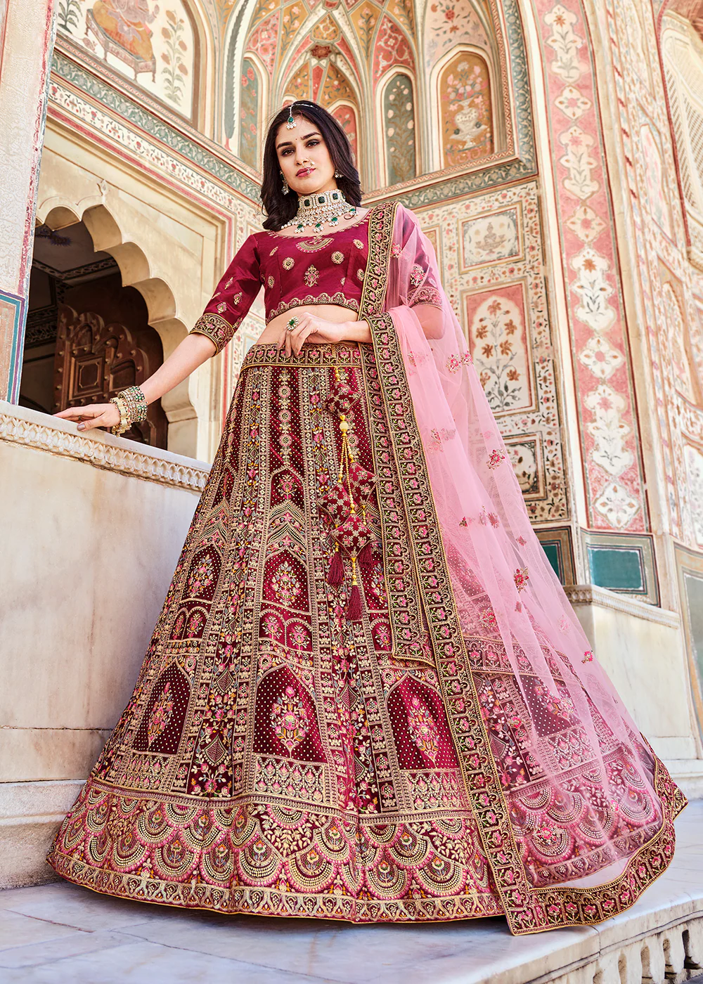 Dreamy Red Velvet Dori & Zarkan Work Bridal Lehenga Choli - Image 3