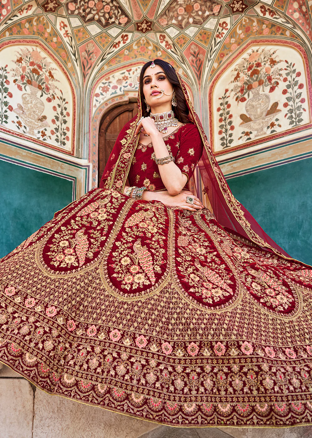 Dreamy Red Velvet Dori & Zarkan Work Bridal Lehenga Choli - Image 4