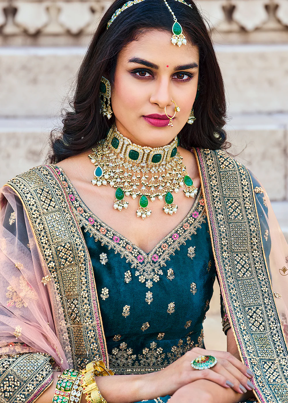 Dreamy Teal Blue Velvet Dori & Zarkan Work Bridal Lehenga Choli - Image 2