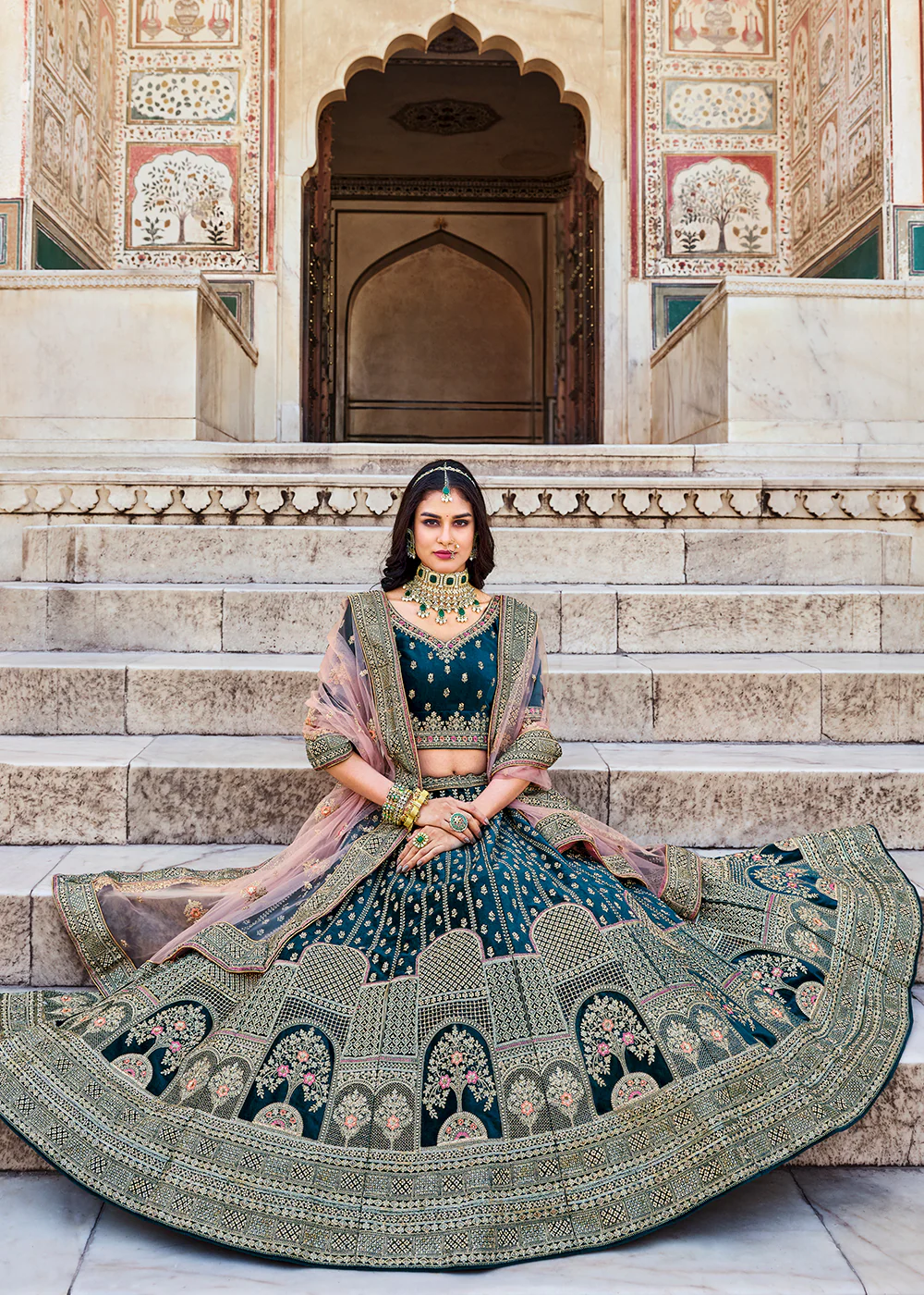Dreamy Teal Blue Velvet Dori & Zarkan Work Bridal Lehenga Choli - Image 3