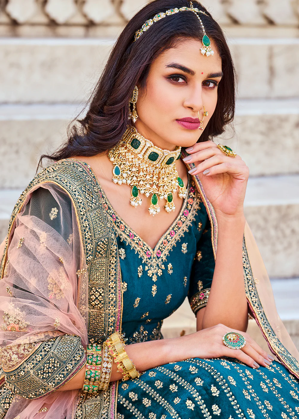 Dreamy Teal Blue Velvet Dori & Zarkan Work Bridal Lehenga Choli - Image 4