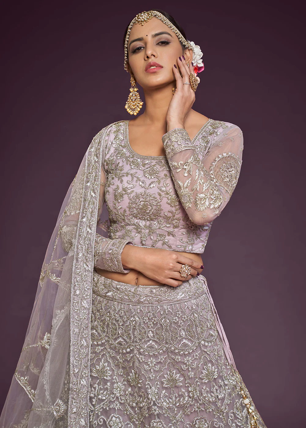 Dusky Mauve Embroidered Soft Net Wedding Lehenga Choli - Image 2