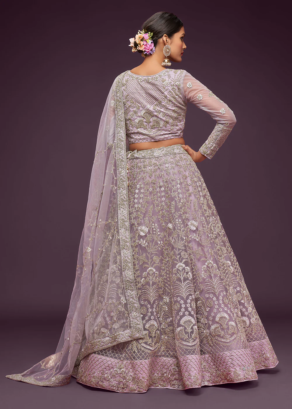 Dusky Orchid Embroidered Soft Net Wedding Lehenga Choli - Image 3