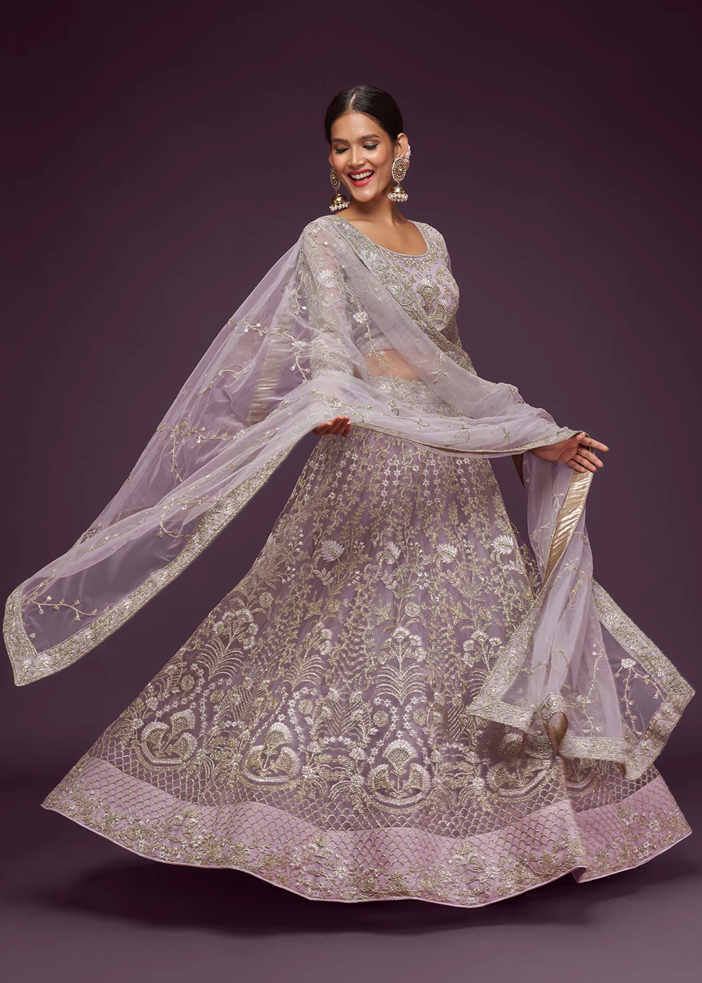 Dusky Orchid Embroidered Soft Net Wedding Lehenga Choli - Image 4