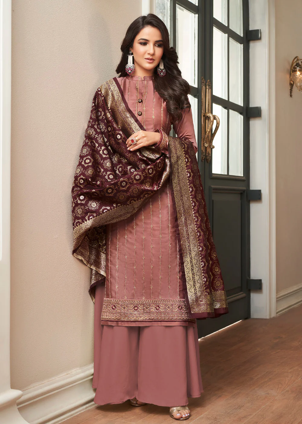 Dusky Pink Traditional Silk Embroidered Palazzo Salwar Suit