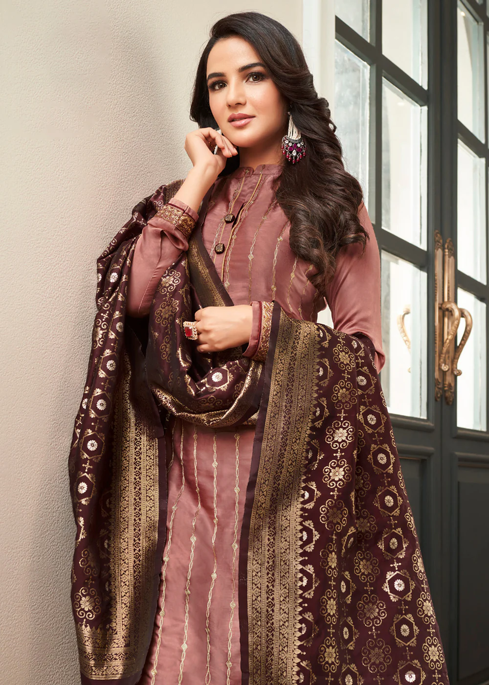 Dusky Pink Traditional Silk Embroidered Palazzo Salwar Suit - Image 2