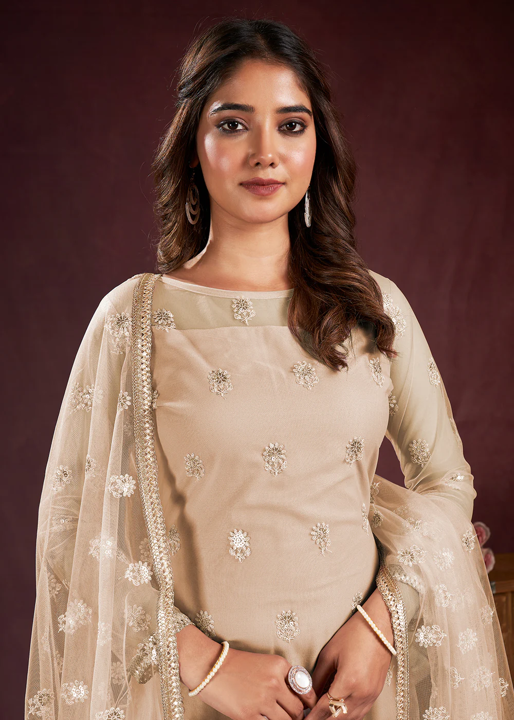 Dusty Beige Butterfly Net Embroidered Festive Salwar Suit - Image 2