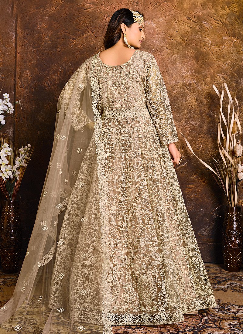 Dusty Beige Embroidered Net Bridal Anarkali Suit - Image 3