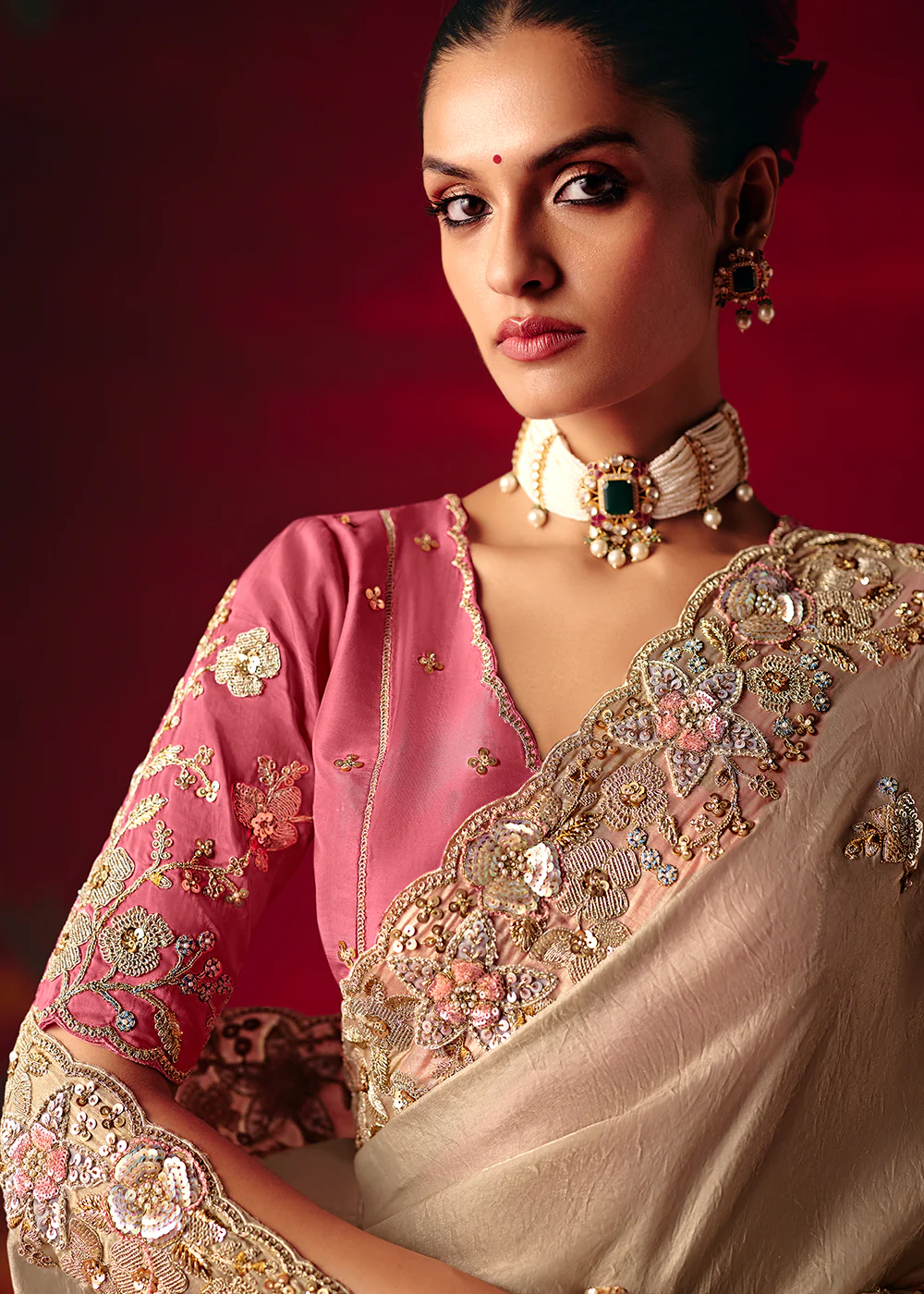 Dusty Beige Fancy Material Wedding Designer Saree - Image 2