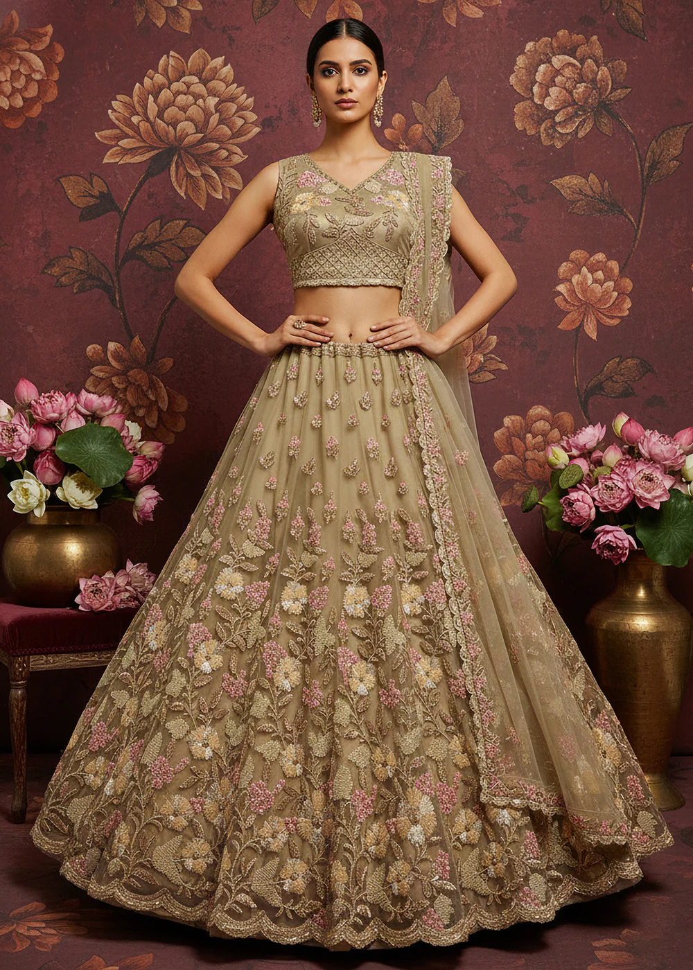 Dusty Beige Heavy Net Bridal Wear Lehenga Choli