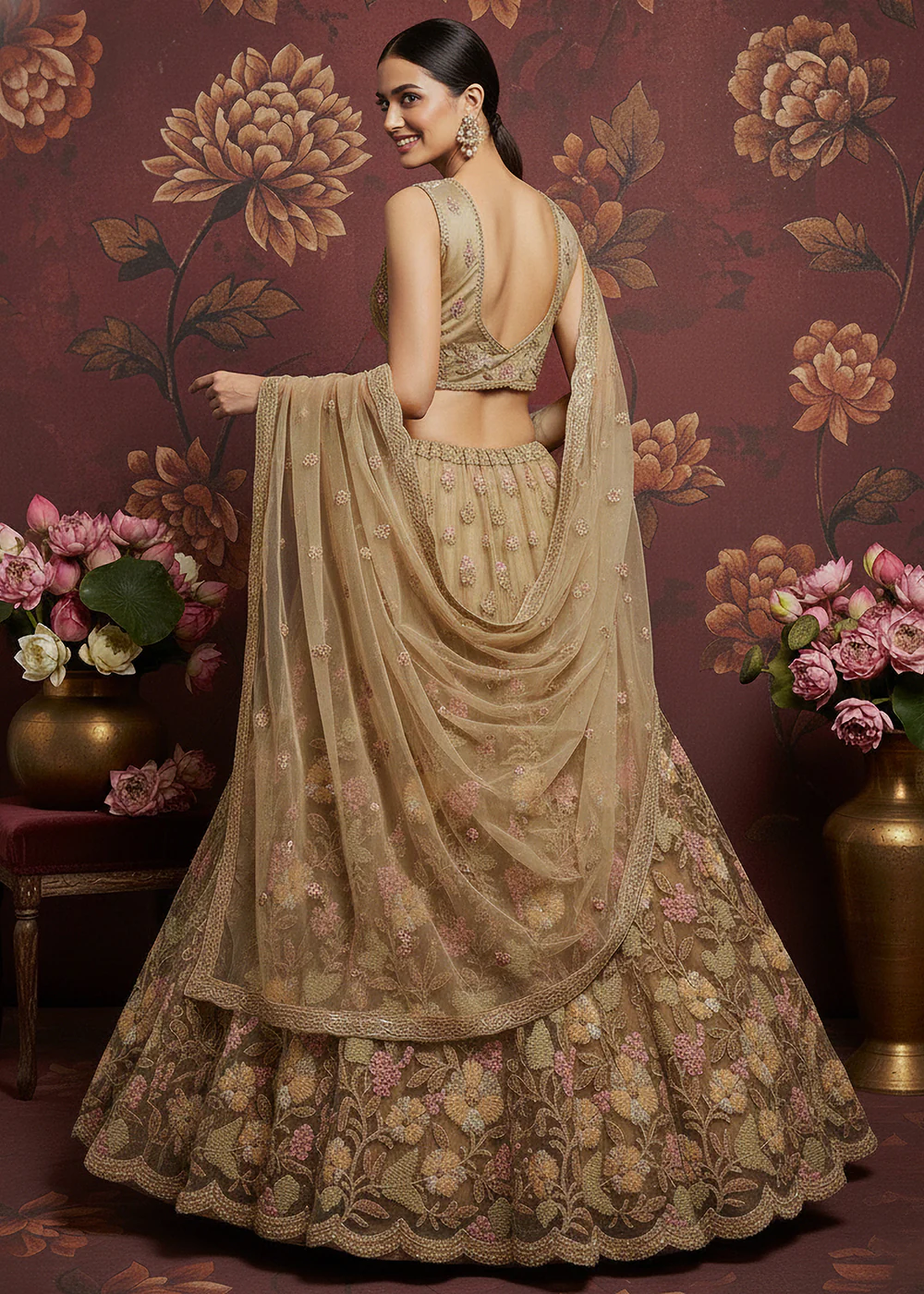 Dusty Beige Heavy Net Bridal Wear Lehenga Choli - Image 2