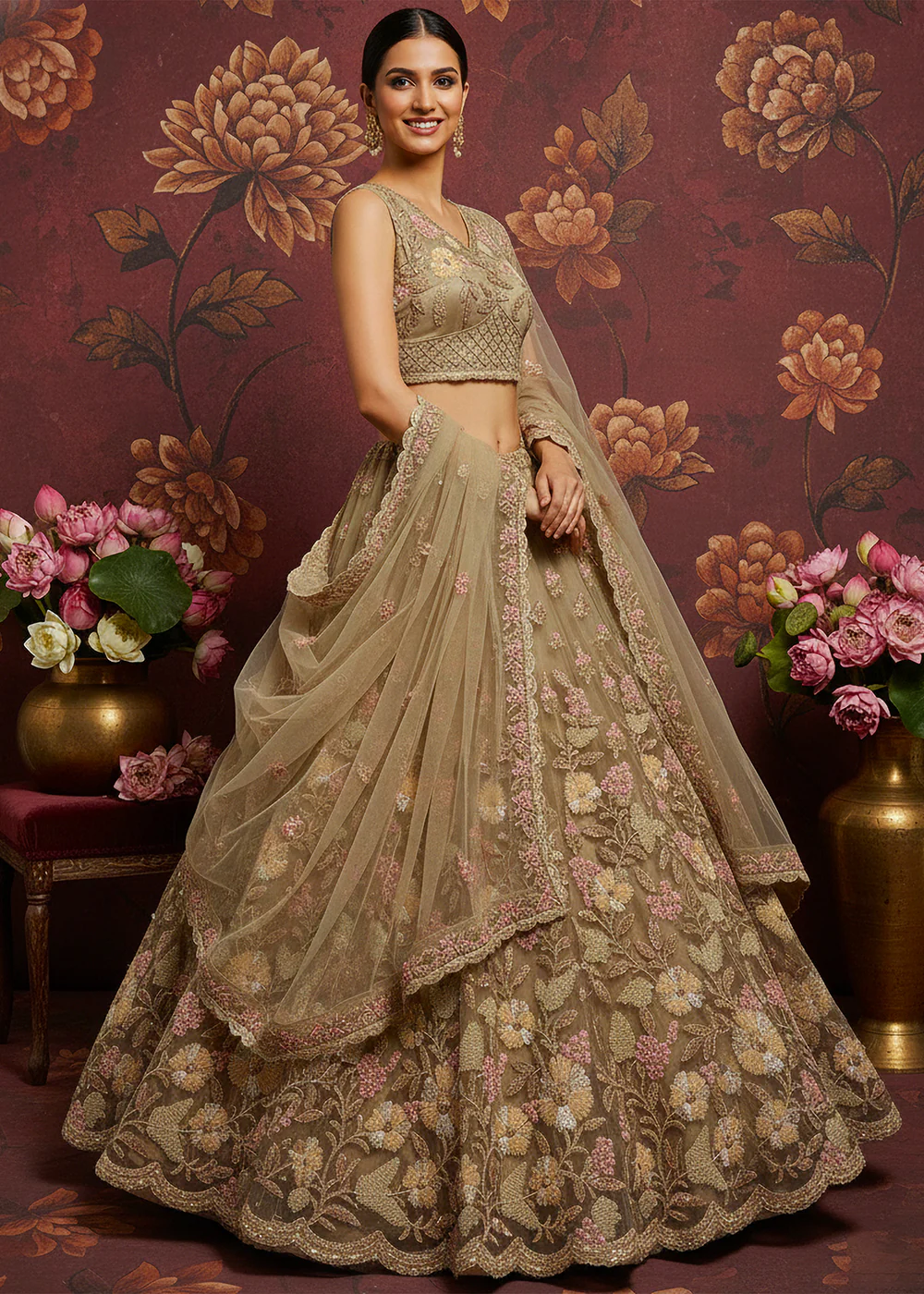 Dusty Beige Heavy Net Bridal Wear Lehenga Choli - Image 3