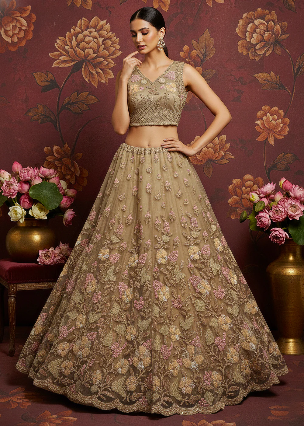 Dusty Beige Heavy Net Bridal Wear Lehenga Choli - Image 4