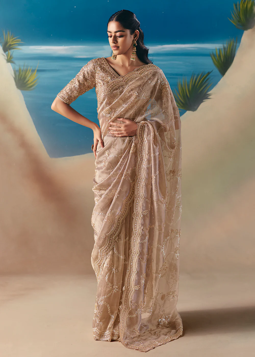 Dusty Beige Satin Organza Fancy Designer Saree