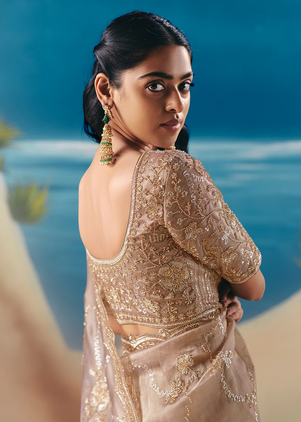 Dusty Beige Satin Organza Fancy Designer Saree - Image 3