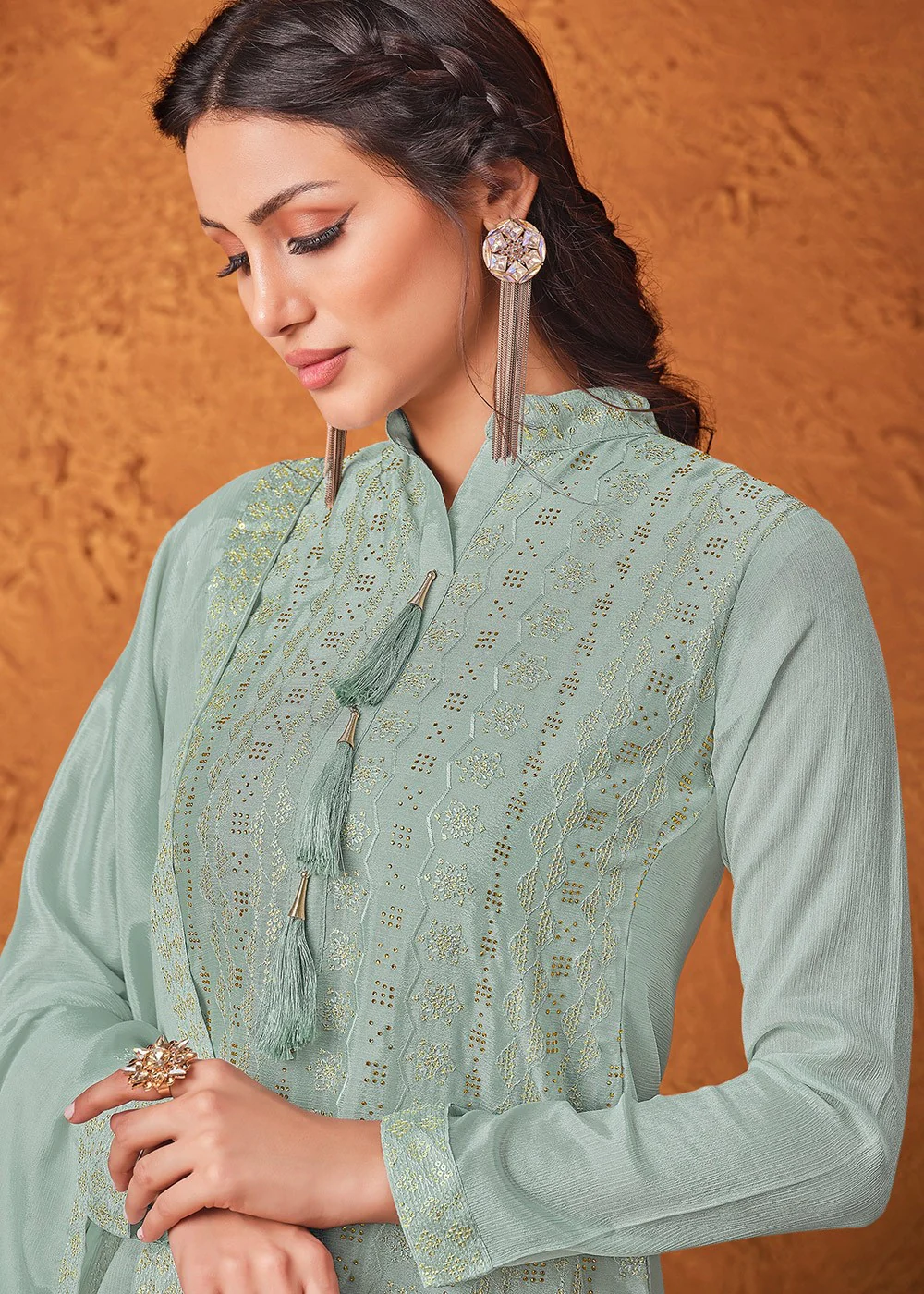 Dusty Blue Chiffon Embroidered Sharara Suit - Image 2