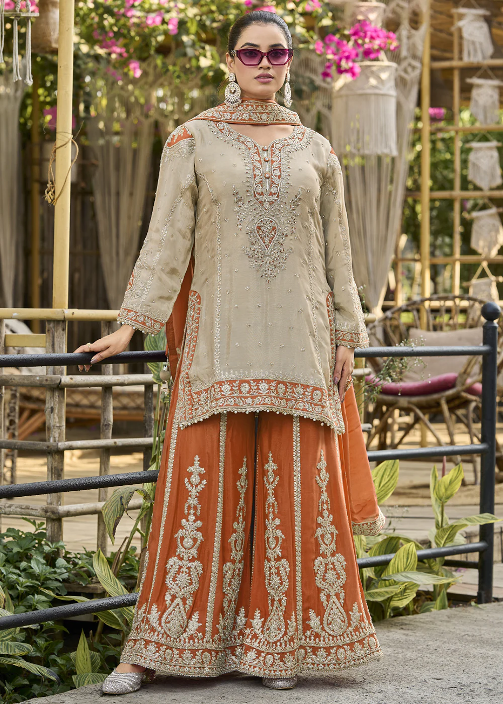 Dusty Cream & Orange Heavy Chinnon Palazzo Style Suit