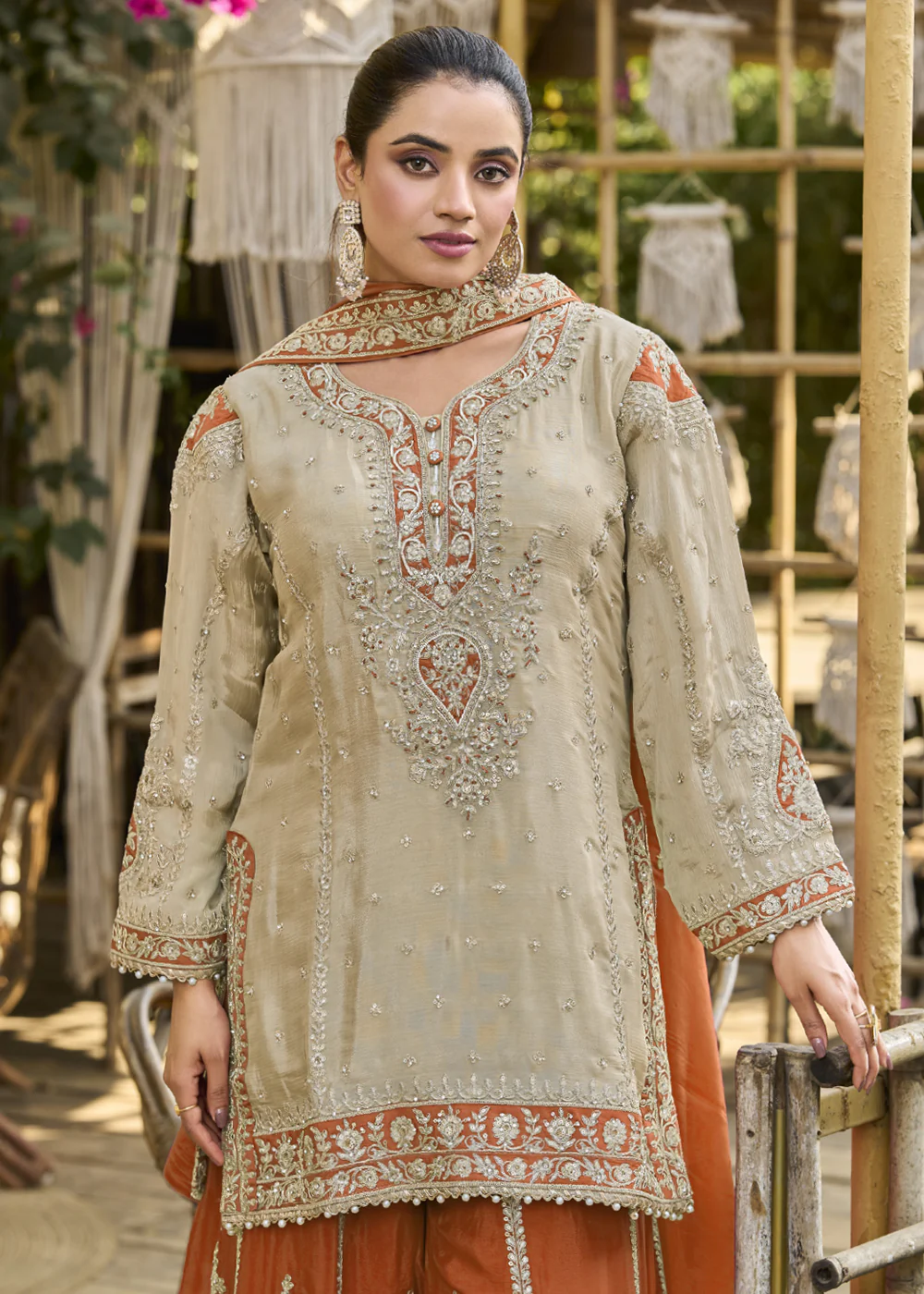 Dusty Cream & Orange Heavy Chinnon Palazzo Style Suit - Image 2