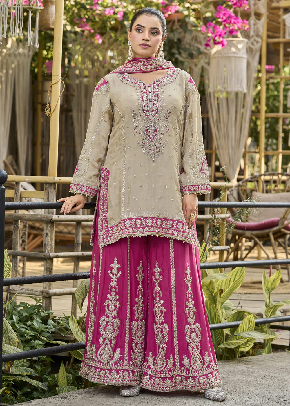 Dusty Cream & Pink Heavy Chinnon Palazzo Style Suit