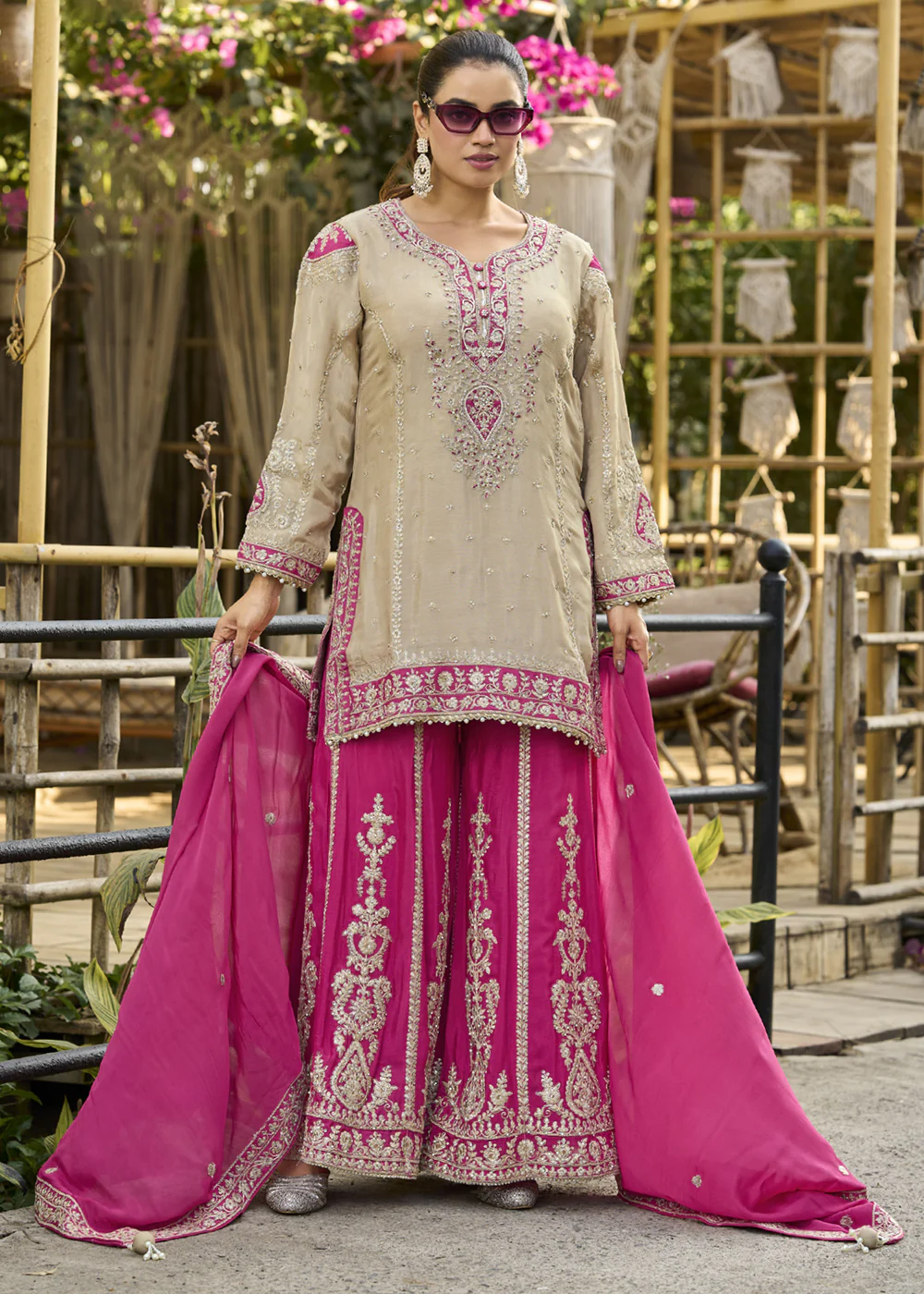 Dusty Cream & Pink Heavy Chinnon Palazzo Style Suit - Image 3