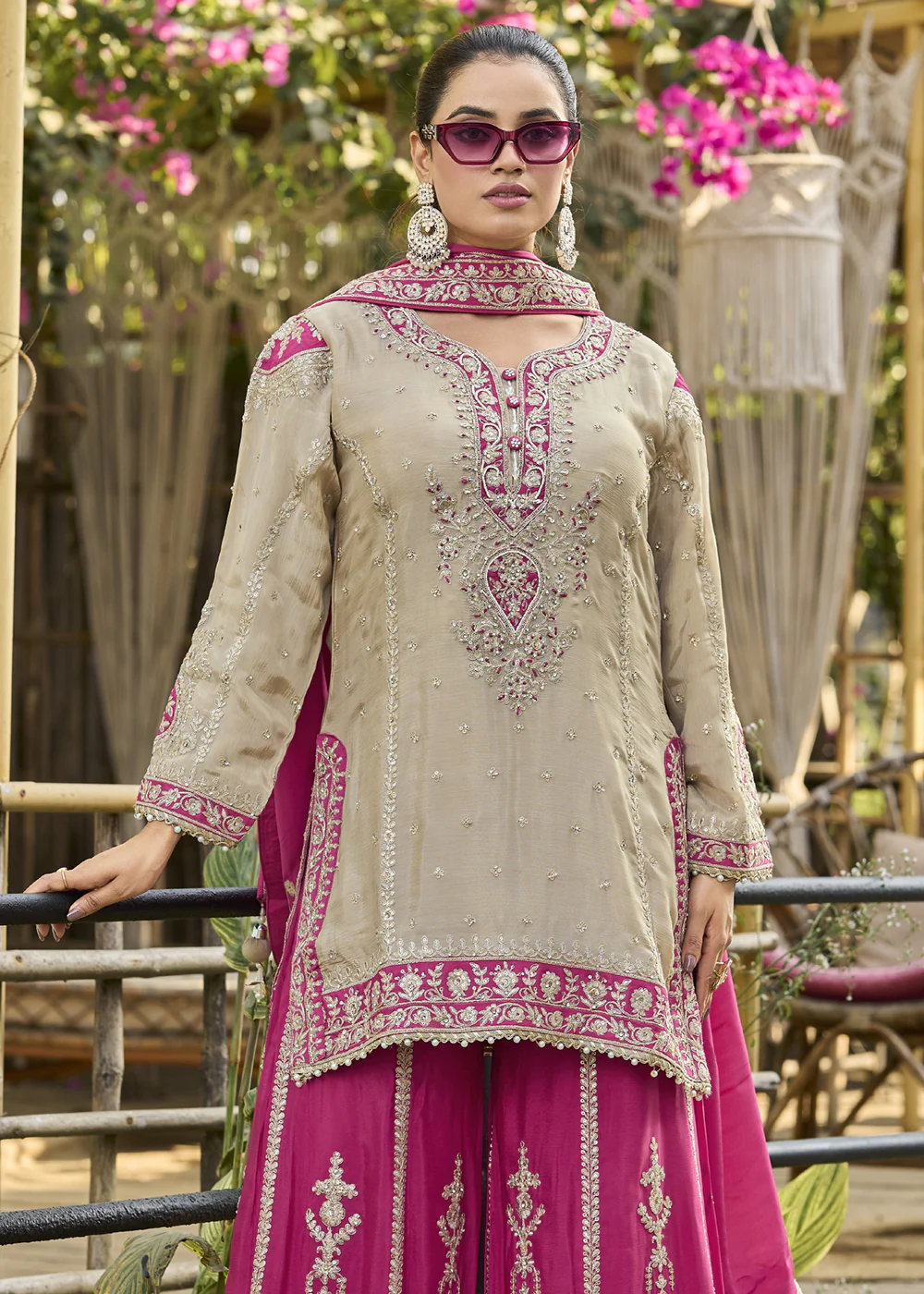 Dusty Cream & Pink Heavy Chinnon Palazzo Style Suit - Image 4