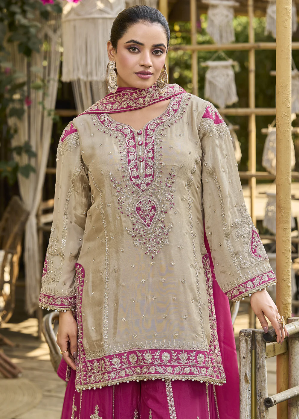 Dusty Cream & Pink Heavy Chinnon Palazzo Style Suit - Image 5
