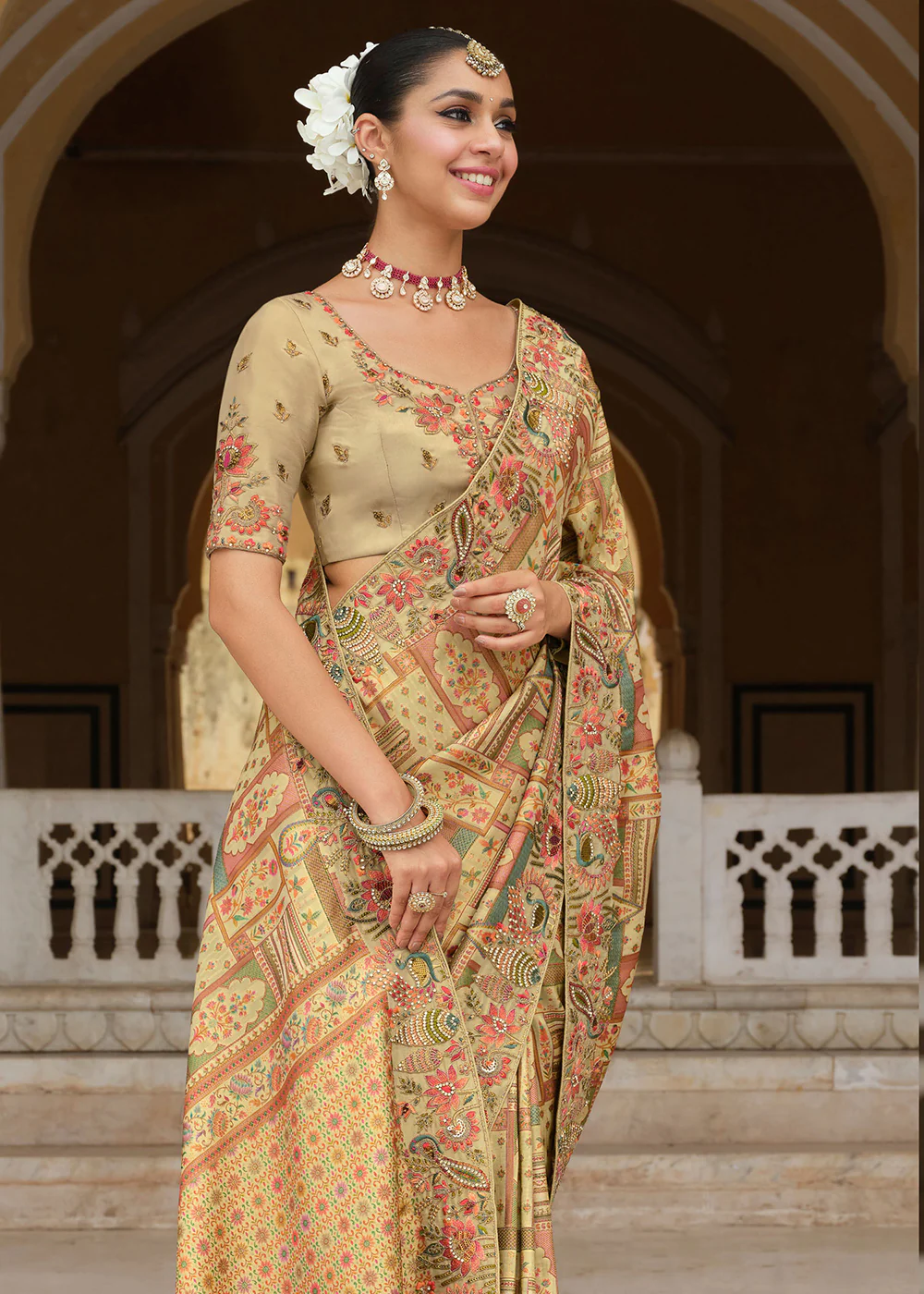 Dusty Cream Silk Khatli Embroidered Saree - Image 3