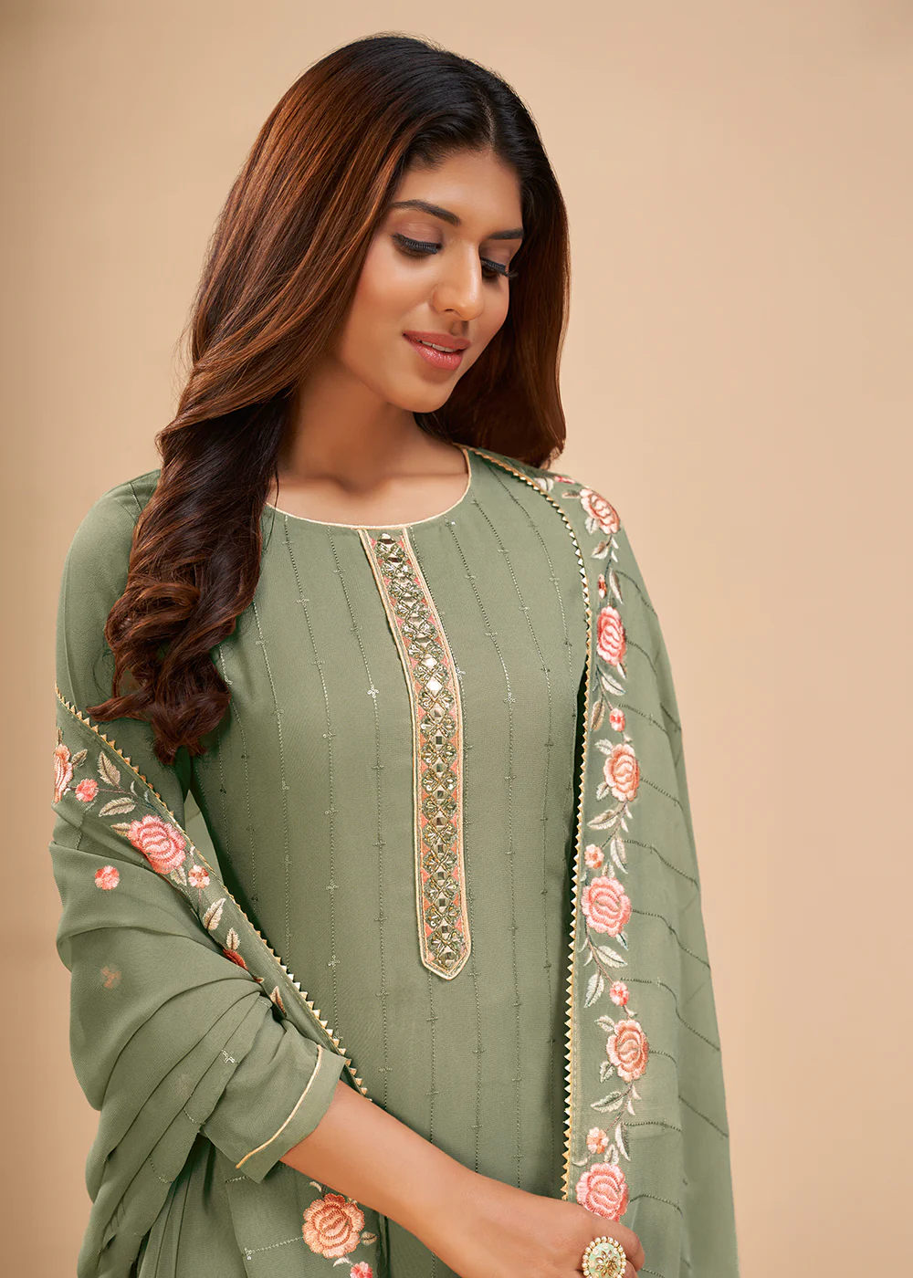 Dusty Green Floral Embroidered Festive Pant Style Suit - Image 2
