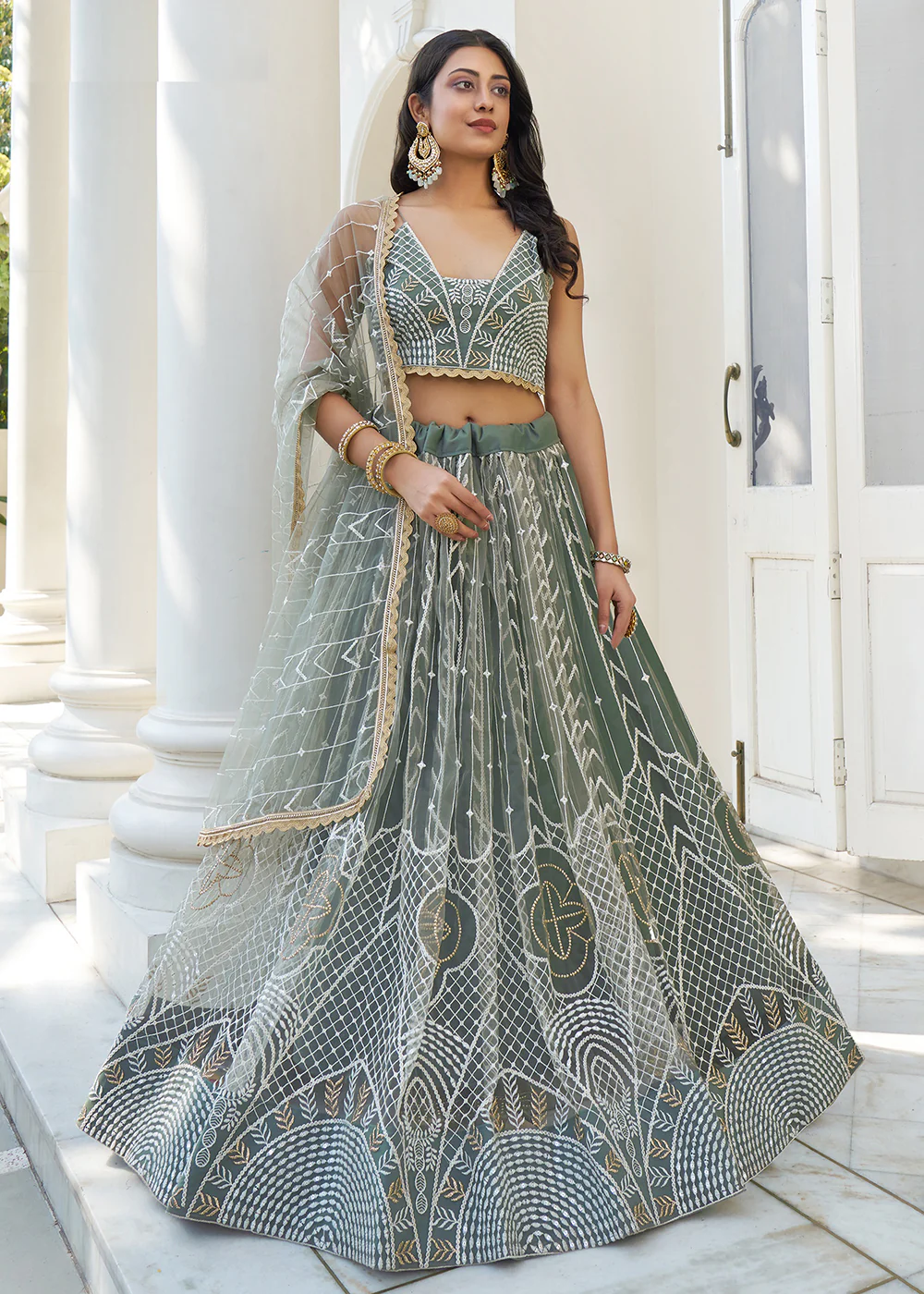 Dusty Green Net Embroidered Wedding Lehenga Choli