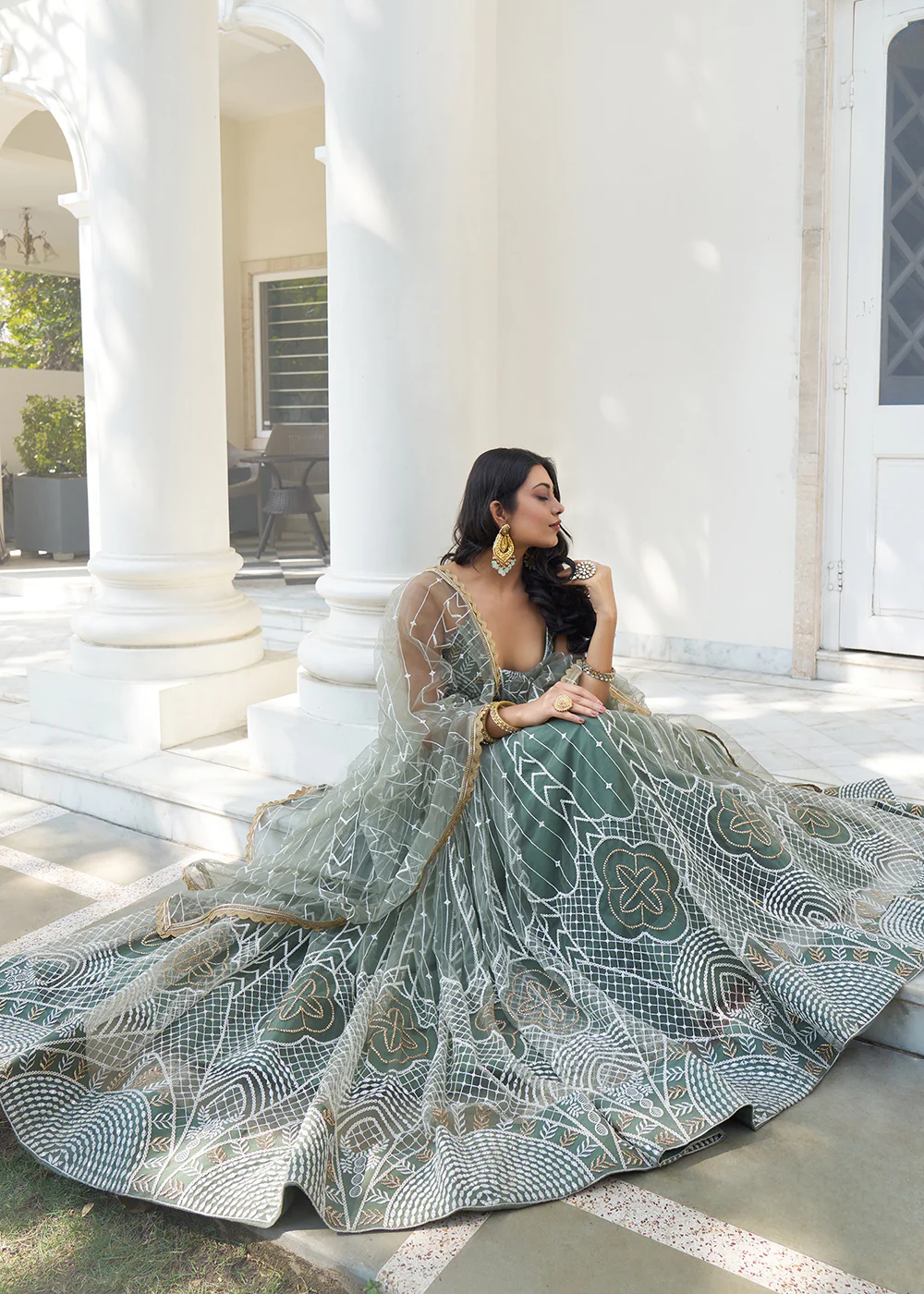 Dusty Green Net Embroidered Wedding Lehenga Choli - Image 4