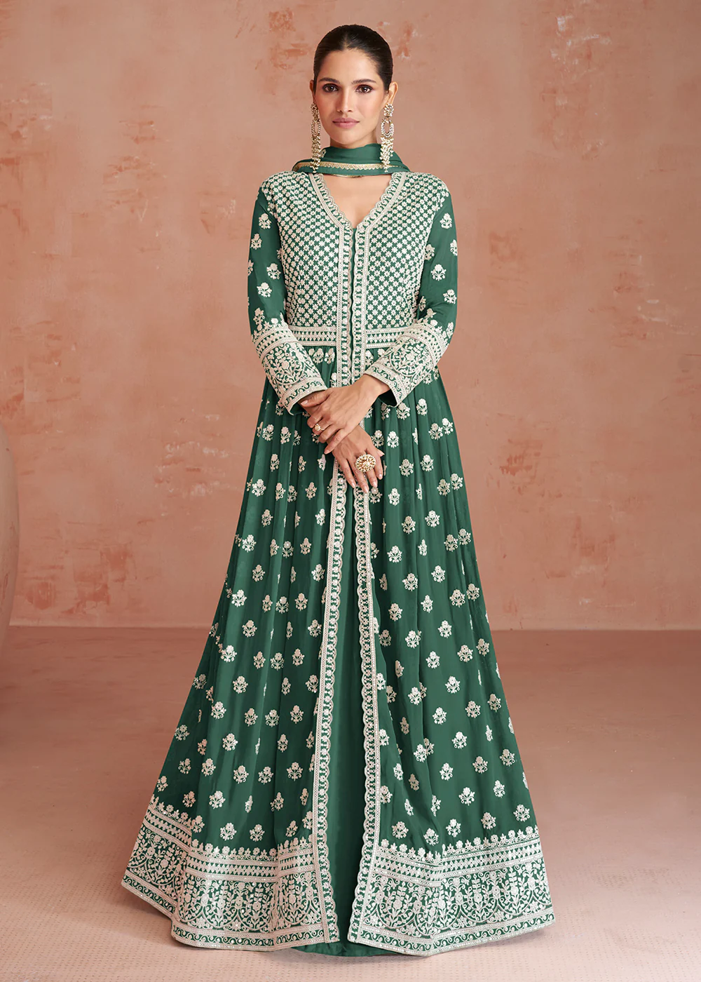 Dusty Green Slit Style Embroidered Georgette Skirt Anarkali Suit