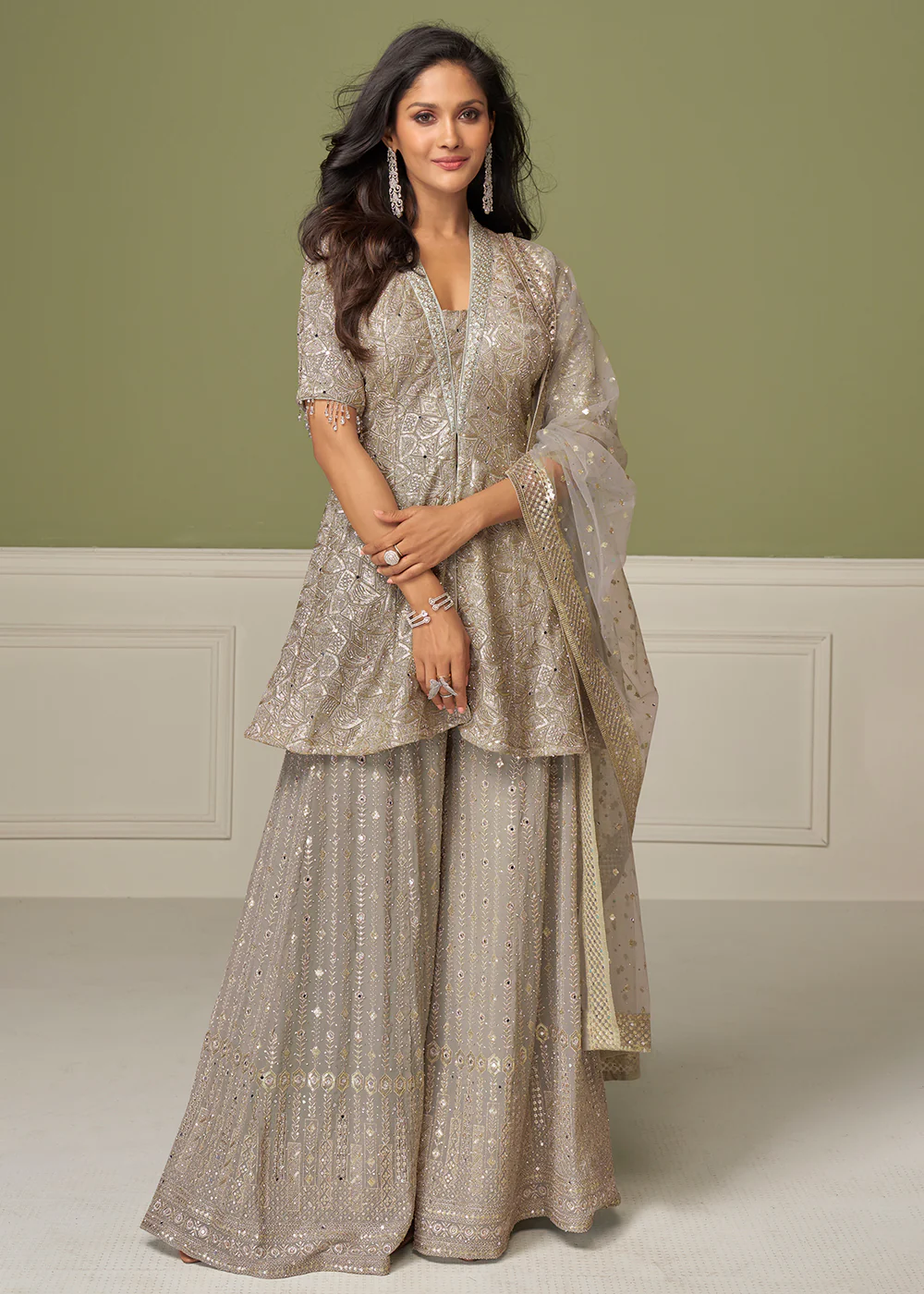 Dusty Grey Georgette Hand Embroidered Palazzo Style Suit