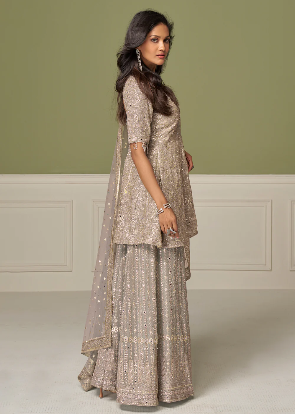Dusty Grey Georgette Hand Embroidered Palazzo Style Suit - Image 3