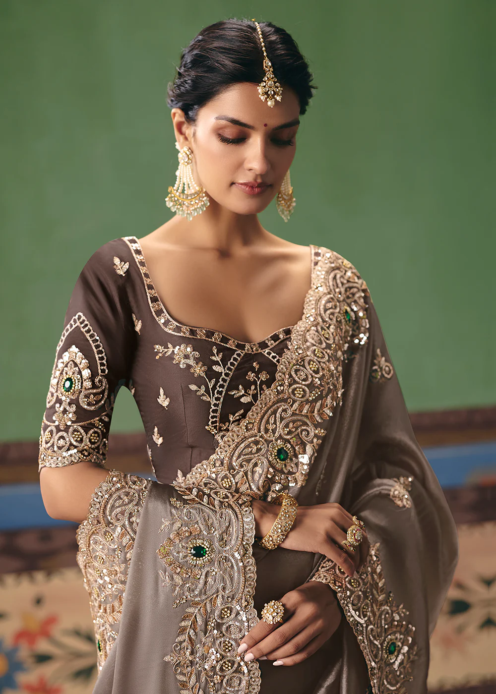 Dusty Grey Premium Fancy Fabric Designer Party Wear Saree - Image 2