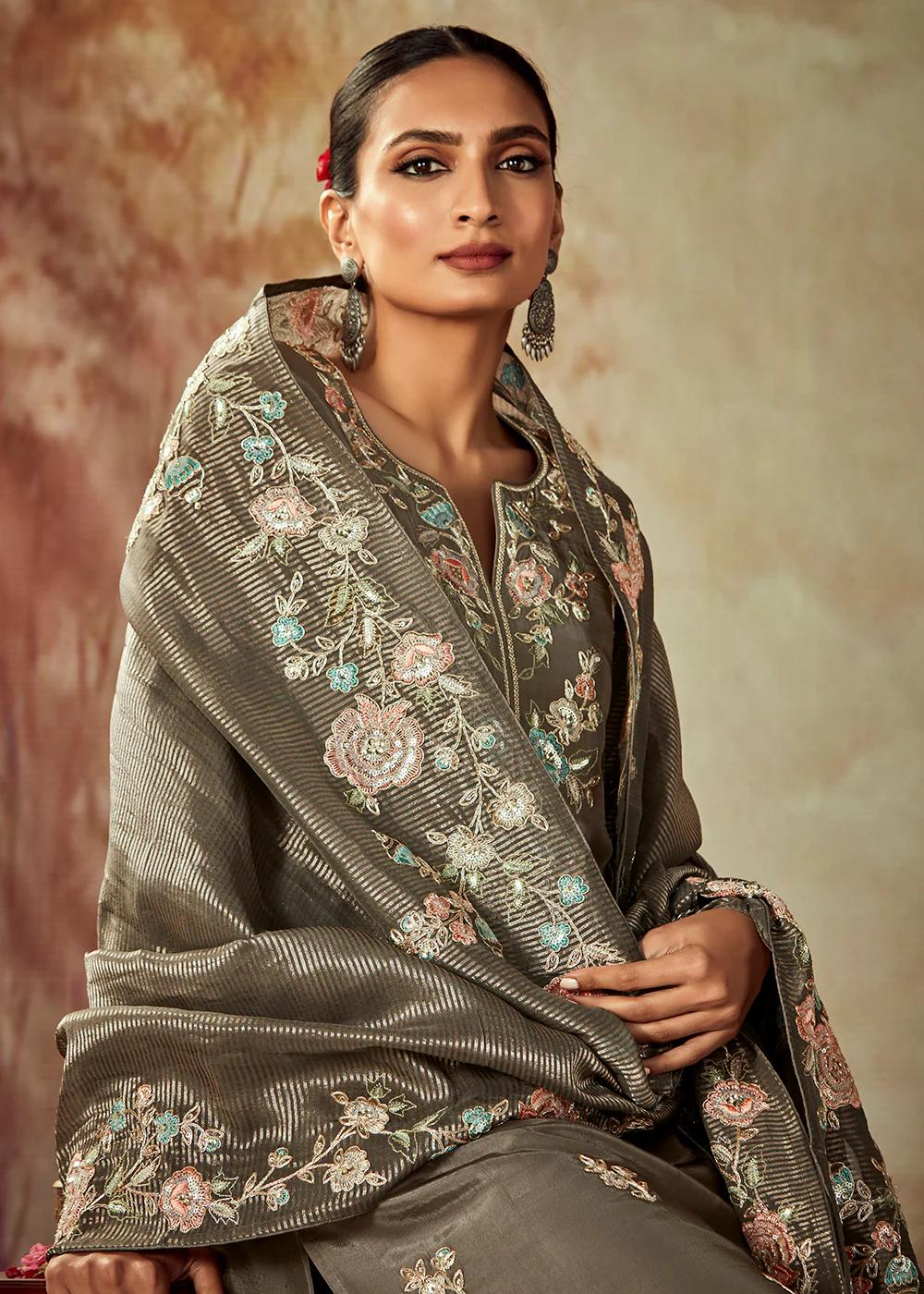 Dusty Grey Russian Silk Embroidered Pant Style Salwar Kurta - Image 2
