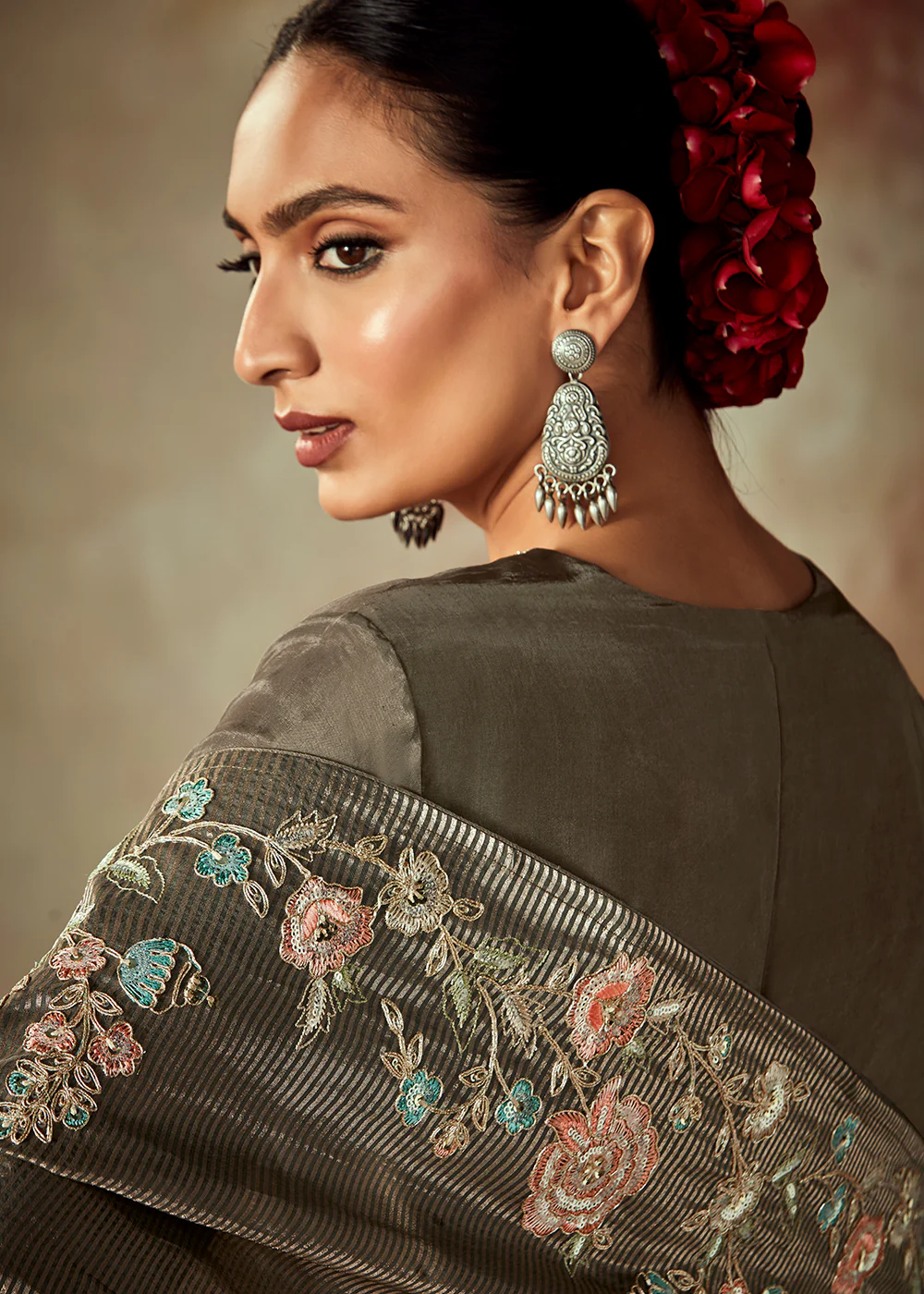 Dusty Grey Russian Silk Embroidered Pant Style Salwar Kurta - Image 3