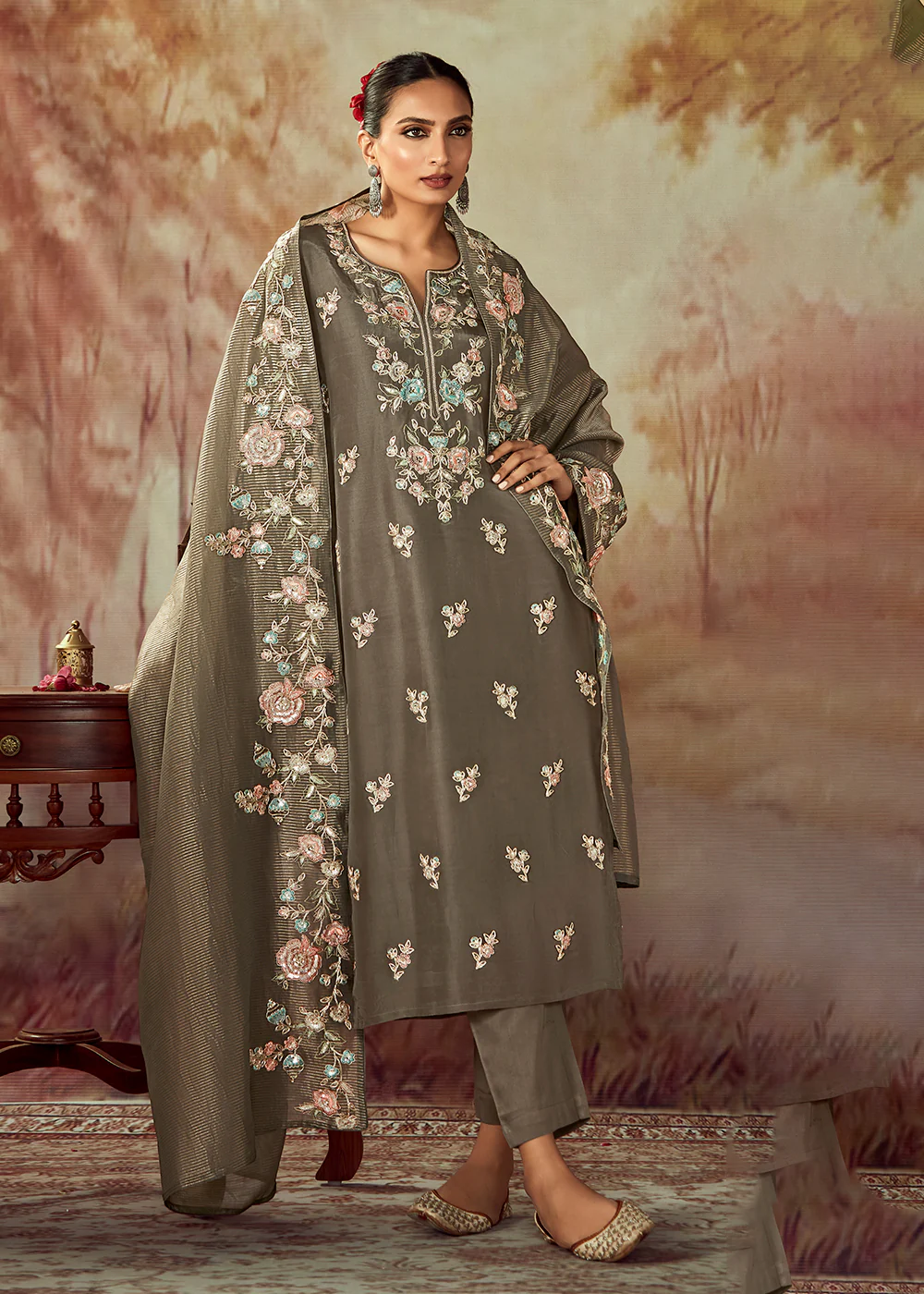 Dusty Grey Russian Silk Embroidered Pant Style Salwar Kurta - Image 4