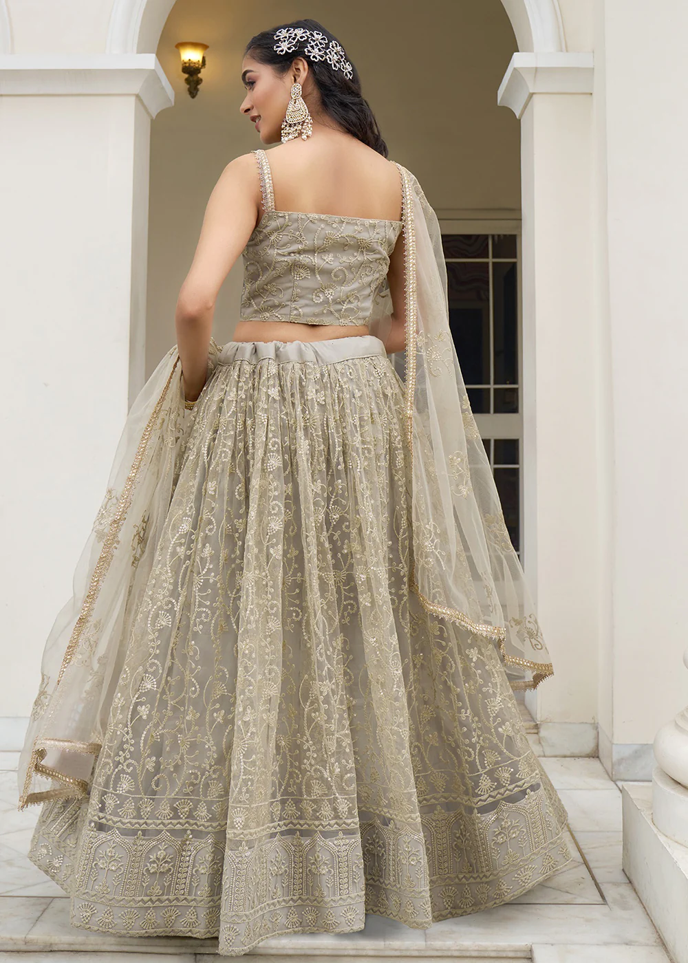 Dusty Ivory Net Embroidered Wedding Lehenga Choli - Image 3