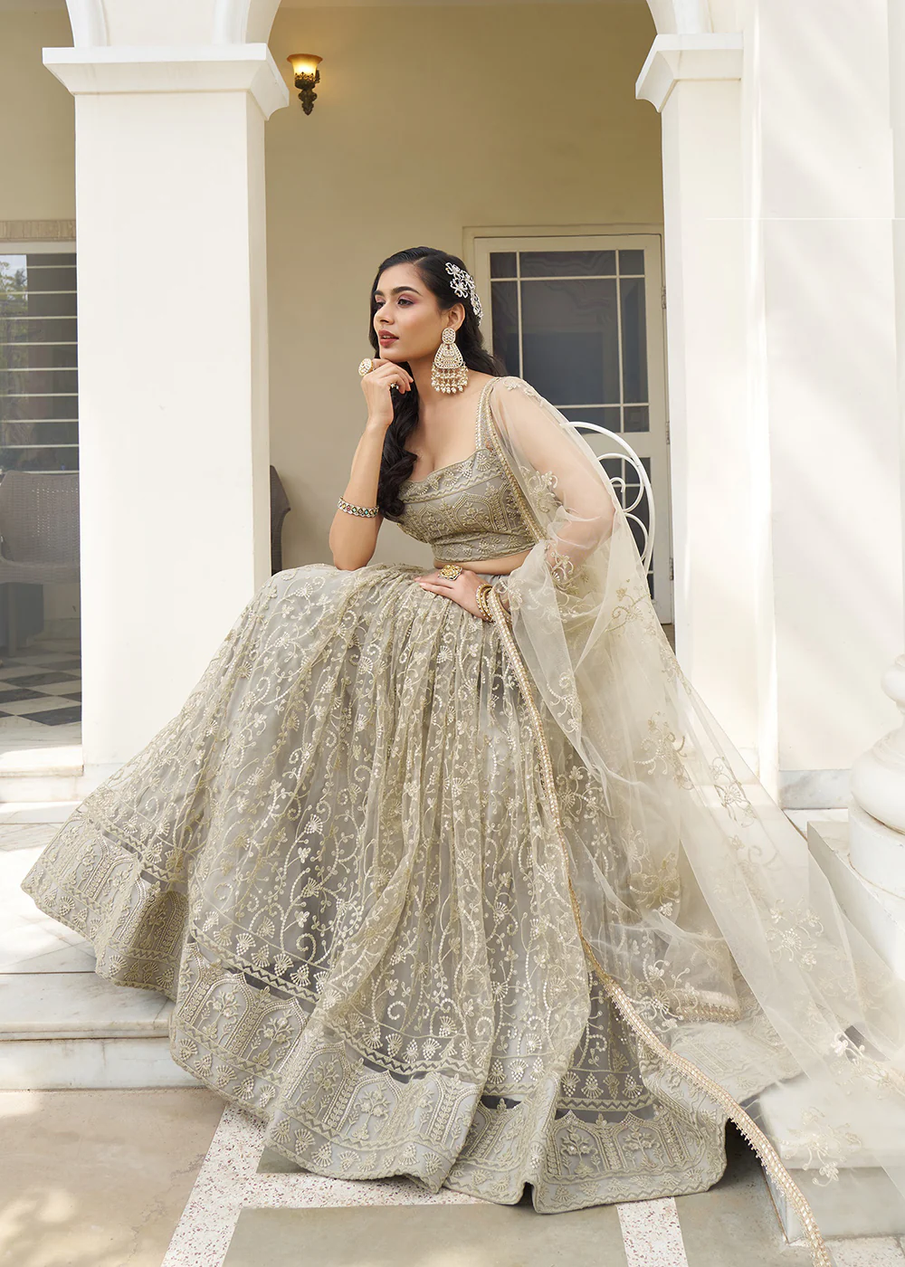 Dusty Ivory Net Embroidered Wedding Lehenga Choli - Image 4