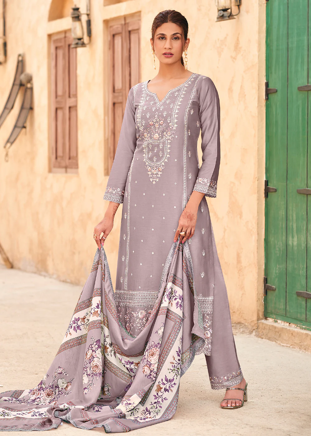Dusty Lavender Cotton Embroidered Festive Salwar Suit