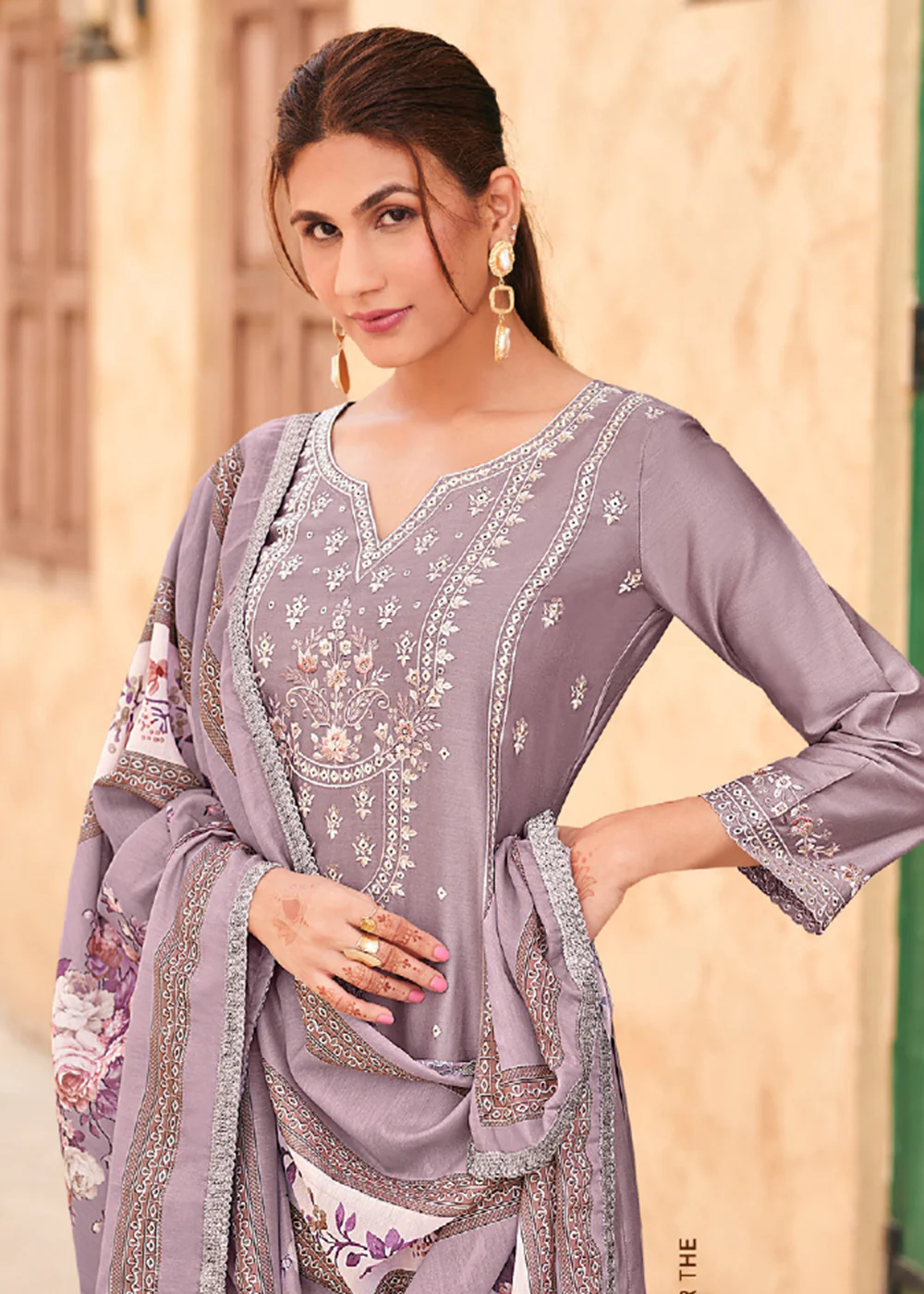 Dusty Lavender Cotton Embroidered Festive Salwar Suit - Image 2