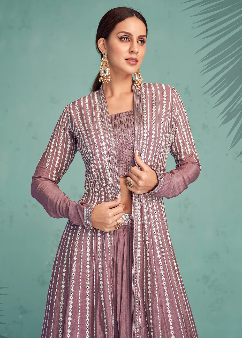 Dusty Mauve Indo-Western Jacket Style Georgette Skirt Dress - Image 2