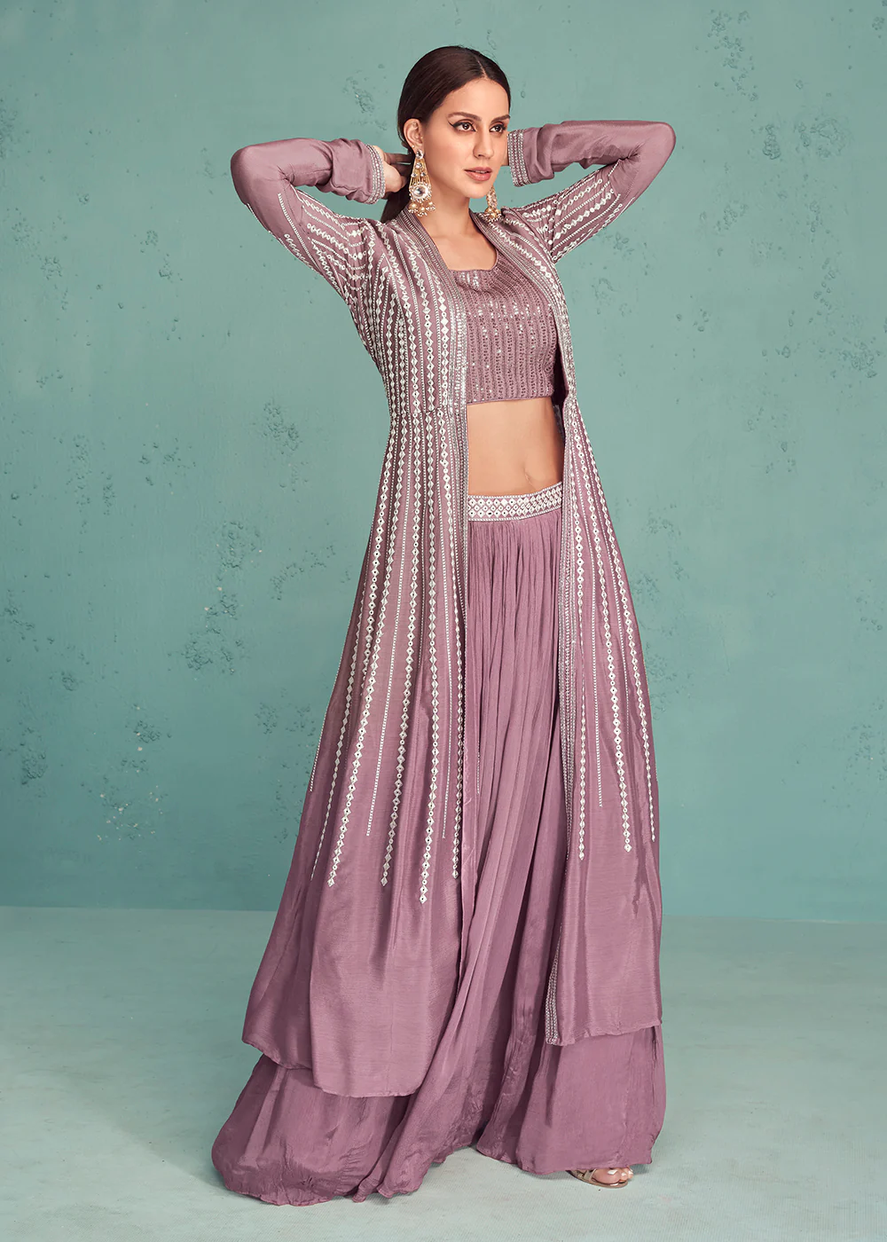 Dusty Mauve Indo-Western Jacket Style Georgette Skirt Dress - Image 3