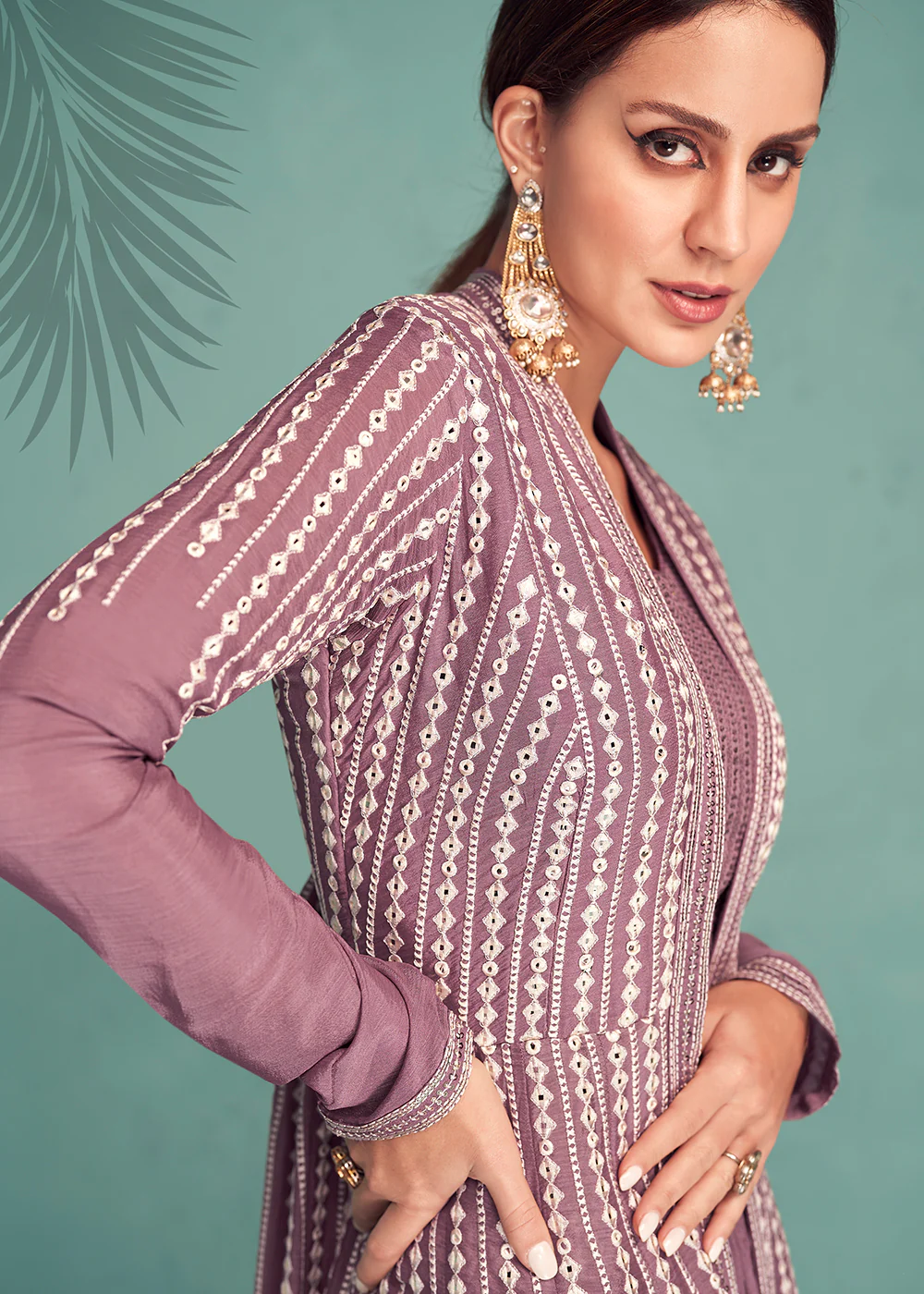Dusty Mauve Indo-Western Jacket Style Georgette Skirt Dress - Image 4