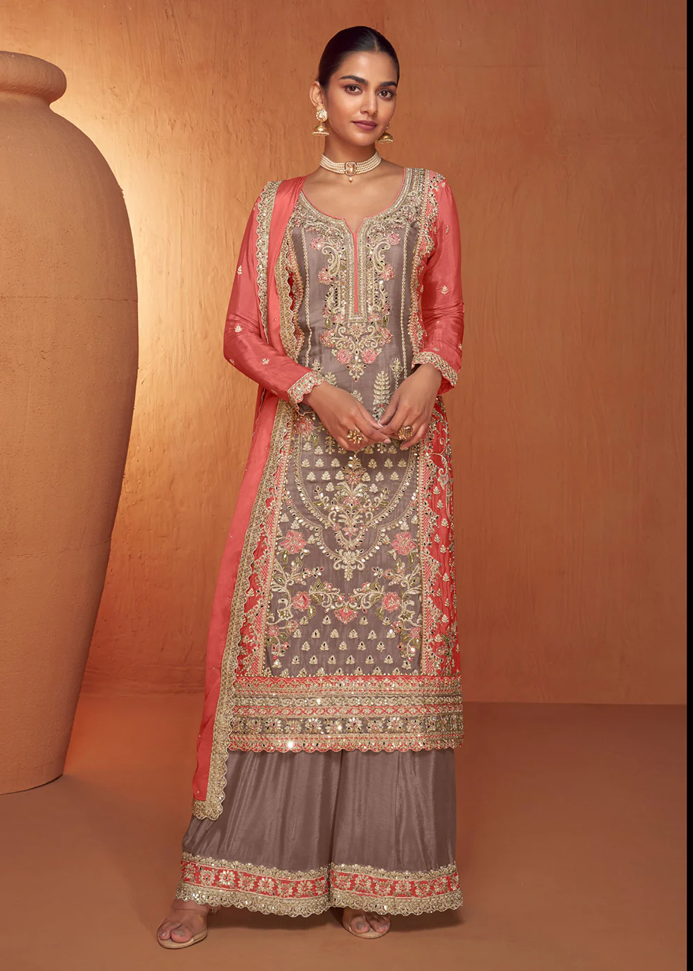 Dusty Mauve & Peach Embroidered Wedding Sharara Suit